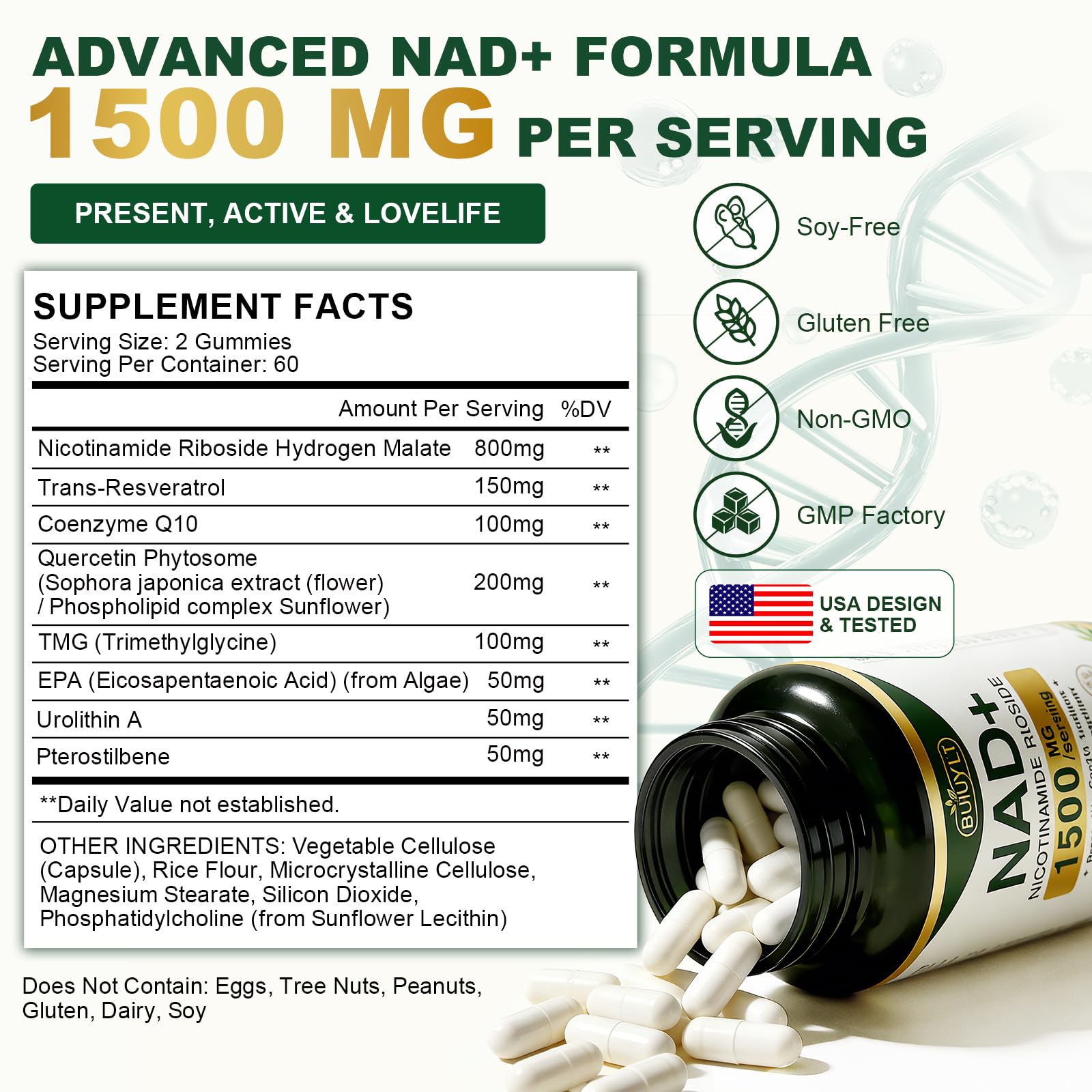BUIUYLT NAD+ Supplement 1500mg, NR NMN Replacement with Resveratrol, Urolithin A, CoQ10 & Quercetin for Cellular Energy, Healthy Aging & Stamina for Women & Men - 120 Capsules BUIUYLT Au supplements
