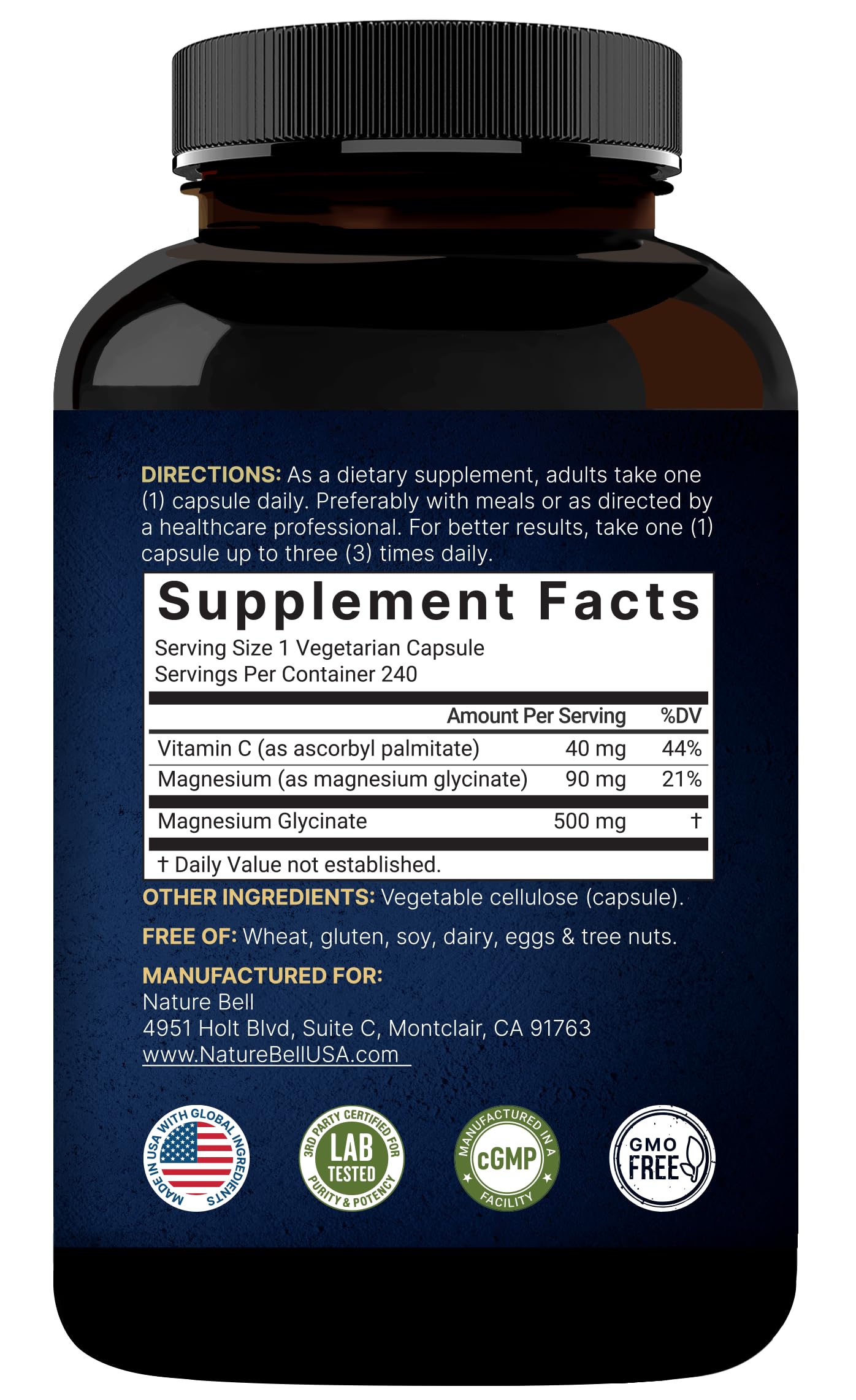 Naturebell Pure Magnesium Glycinate 500mg, 240 Veggie Capsules | 100% Chelated & Purified – 3rd Party Tested, Vegan Friendly, Non-GMO, Filler Free