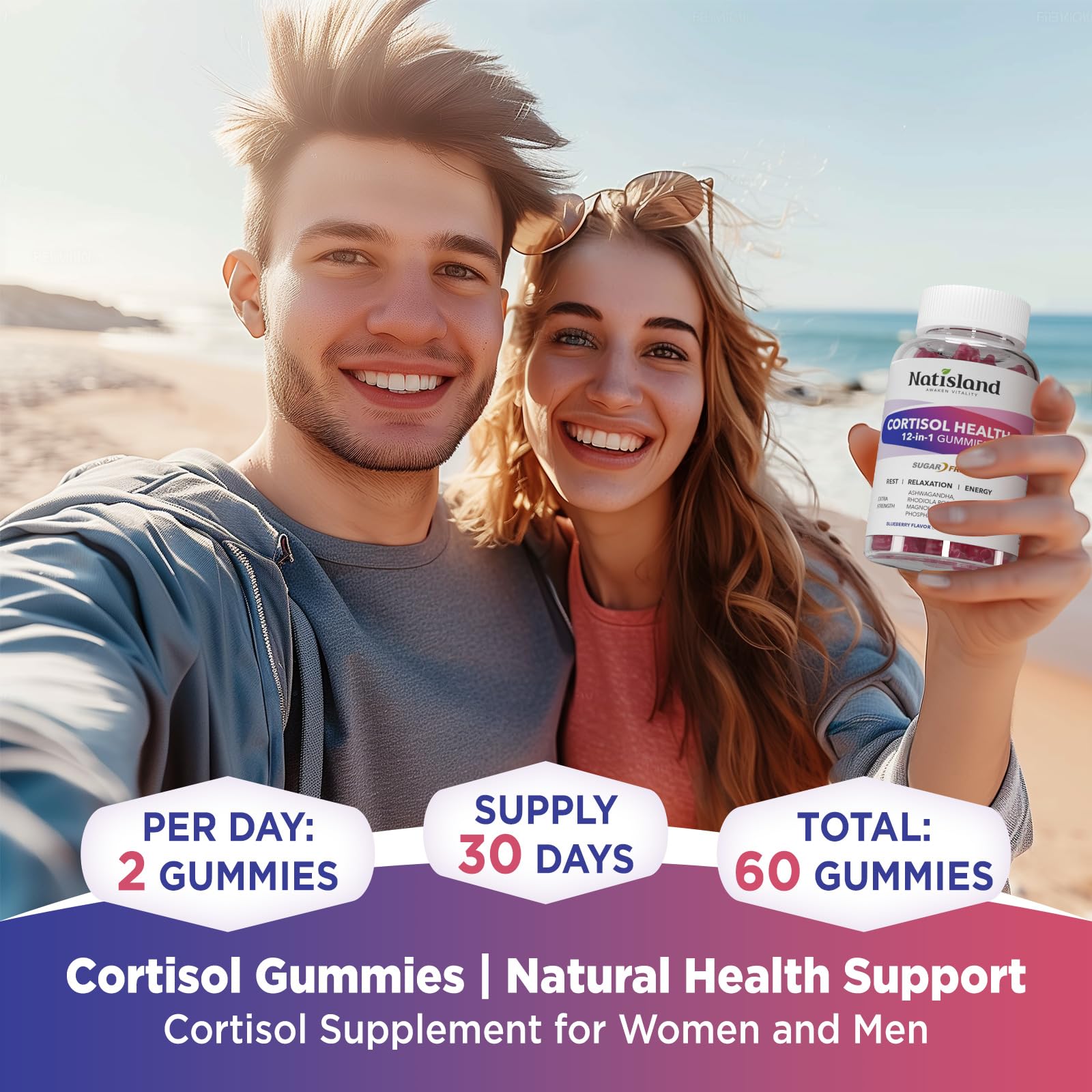 Cortisol Gummies, 12-in-1 Cortisol Reducer, with Magnesium Glycinate, Ashwagandha, L-Theanine, Phosphatidylserine, Vitamin B6 & D3, Rhodiola Rosea, for Men & Women, Sugar-Free, Vegan, NON-GMO, 60CT NATISLAND Au supplements