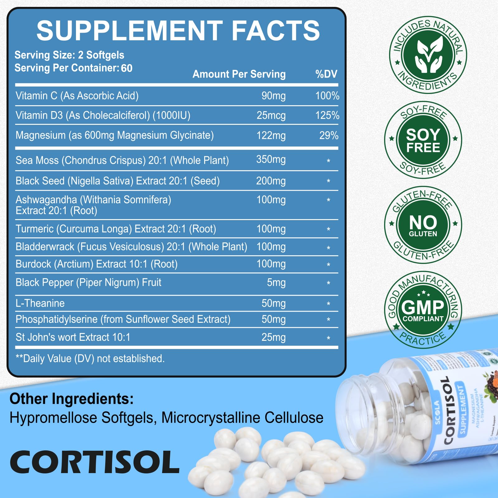 SCOLA Cortisol Supplement for Women and Men with Magnesium, Ashwagandha/L-Theanine, Cortisol Detox Manager, Cortisol Reducer Supports Relaxation & Calm, Mood, Sleep, 120 Count SCOLA Au supplements