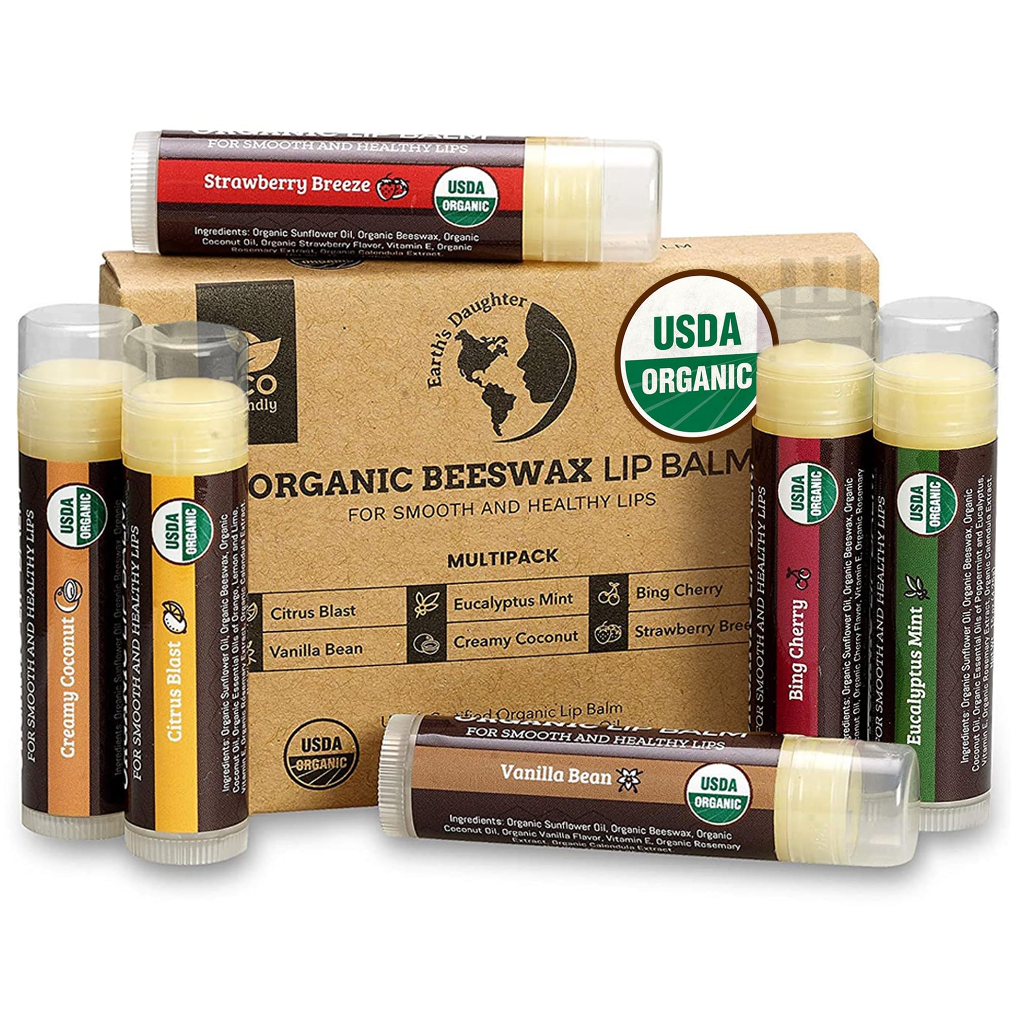Earth's Daughter USDA Organic Lip Balm 6-Pack - Fruit Flavors, Beeswax, Coconut Oil, Vitamin E - Best Lip Repair