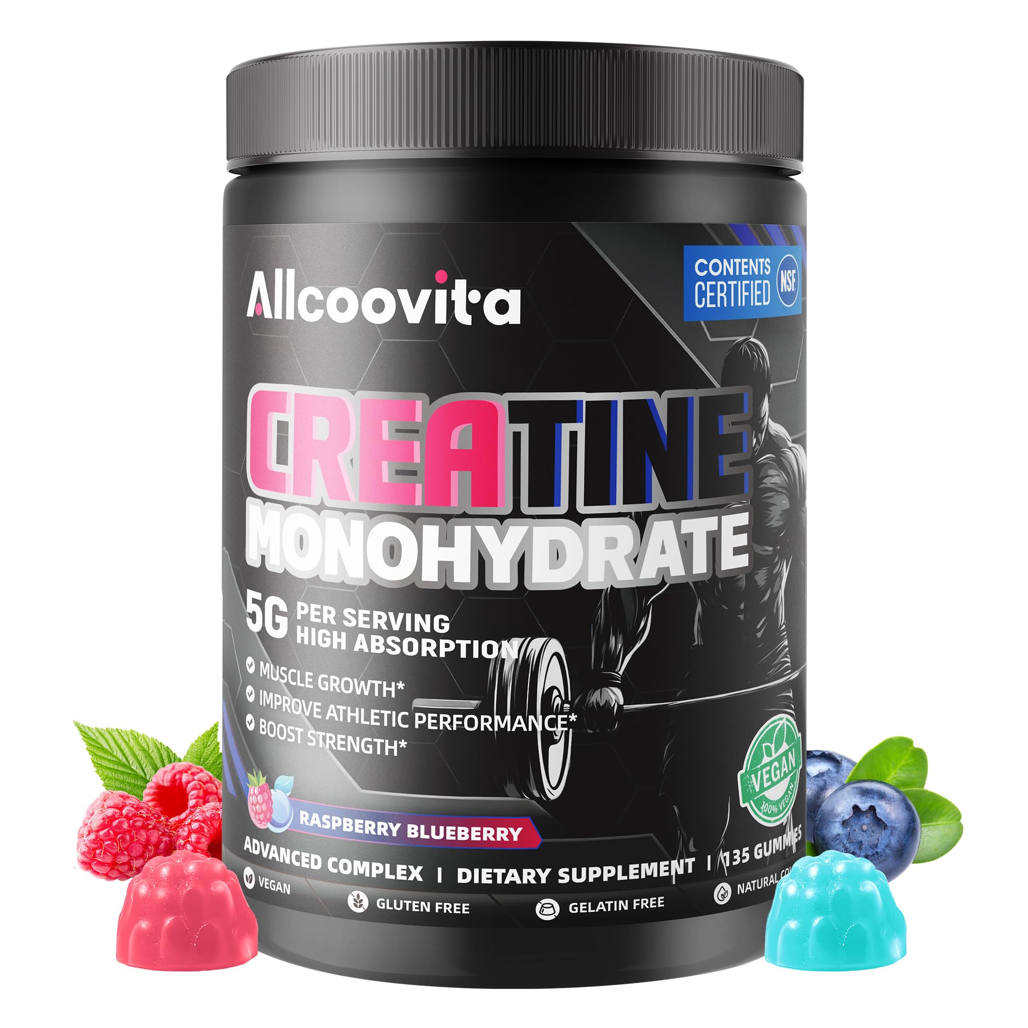 NSF Certified Creatine Gummy 5g - Creatine Monohydrate Gummies for Men & Women. Boost Focus,Strength, and Endurance, Anti-Melting Formula, Vegan, Gluten-Free, Non-GMO,(Raspberry & Blueberry 135 ct) Allcoovita Au supplements