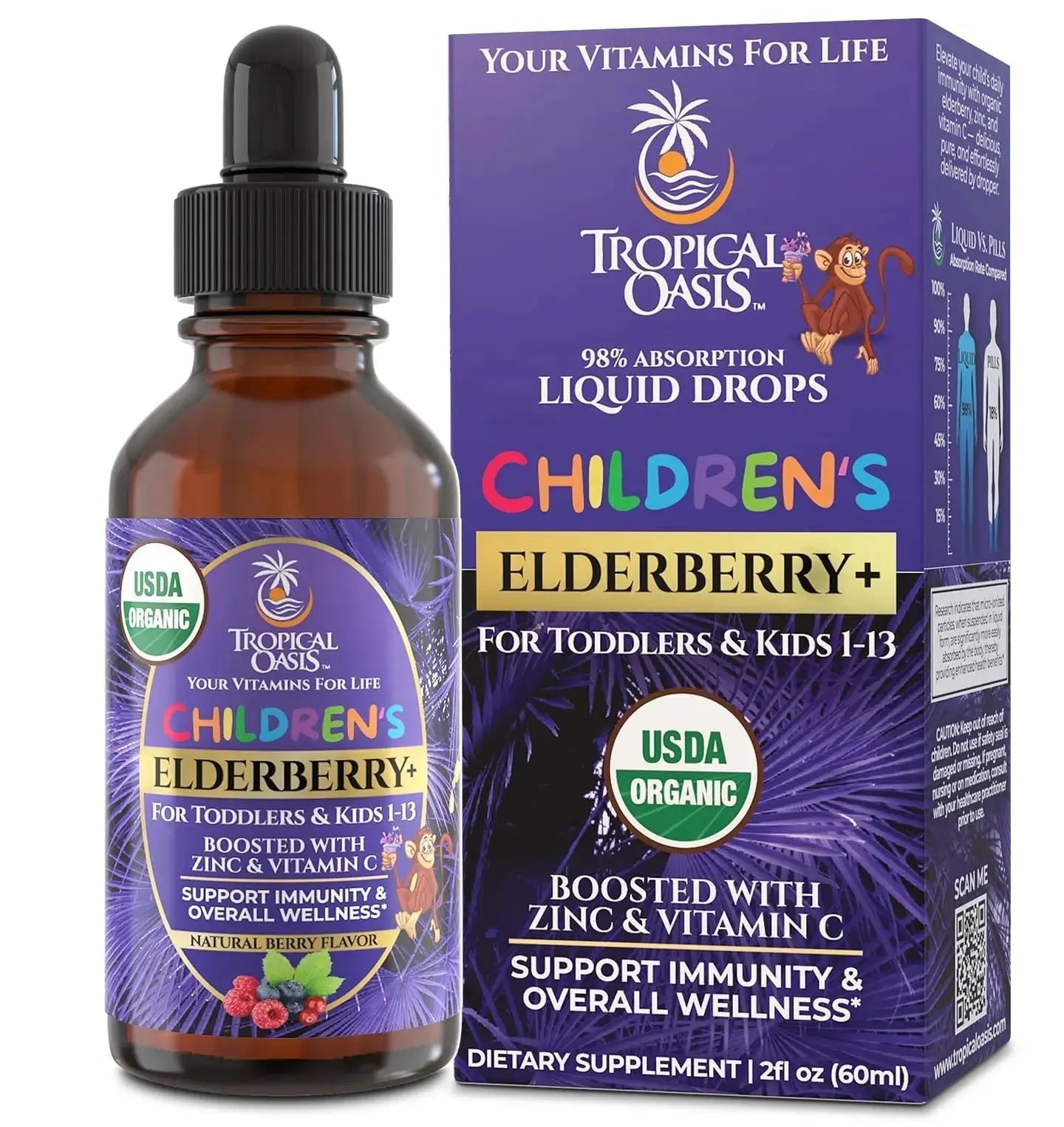 Tropical Oasis USDA Organic Liquid Vitamin Drops with Elderberry, Vitamin C and Zinc for Toddlers & Kids | Sugar Free | Vegan | Non-GMO | 2 Fl Oz Tropical Oasis Au supplements