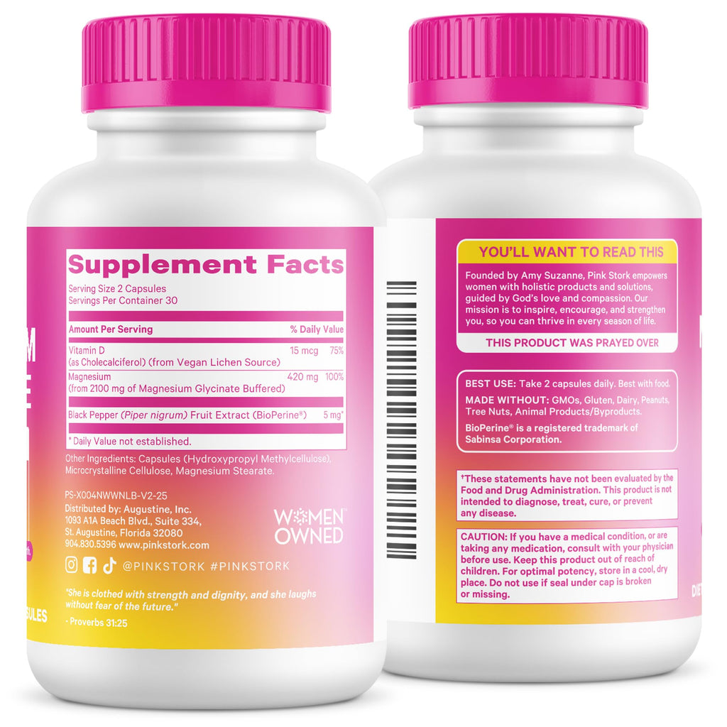 Pink Stork Magnesium Glycinate with Vitamin D - Magnesium Supplement for Women to Support Natural Calm, Mood, and Sleep - Hormone Balance for Women - 60 Capsules, Berry Essence, 1 Month Supply Pink Stork Au supplements