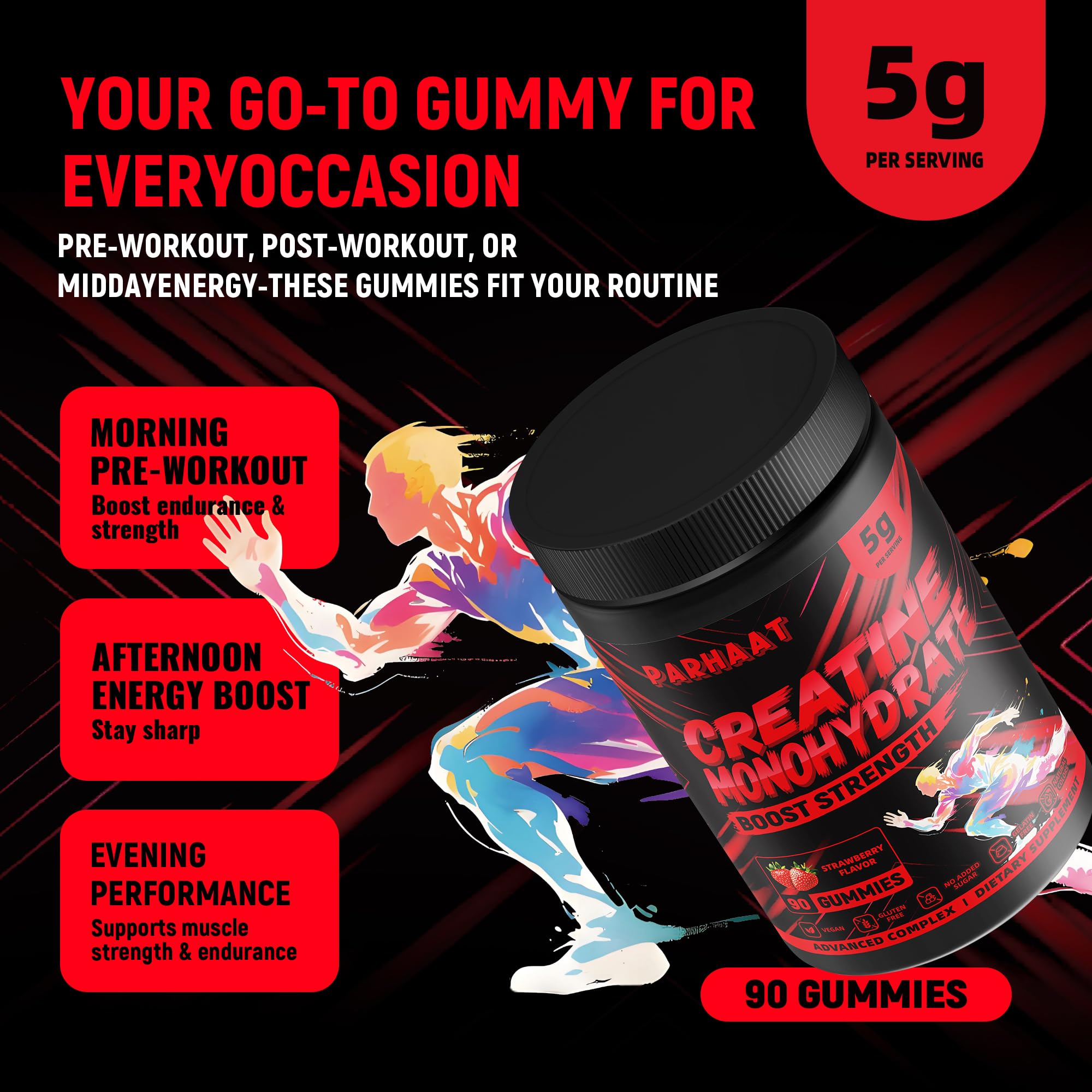 NSF Certified Creatine Gummy - Creatine Monohydrate Gummies 5g for Men & Women - Boost Focus,Strength, and Endurance, Vegan, Gluten-Free, Non-GMO, 2.5 Gram Creatine