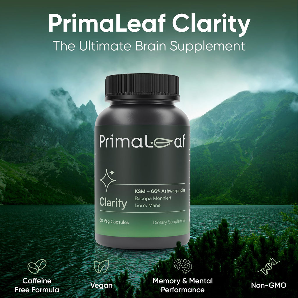 PrimaLeaf Clarity Nootropics Brain Supplement for Focus, Memory, & Stress Relief | Natural Nootropic with KSM66 Ashwagandha, Lions Mane, Bacopa, L Theanine | Cognitive & Mood Support | 60 Veg Capsules PrimaLeaf Au supplements