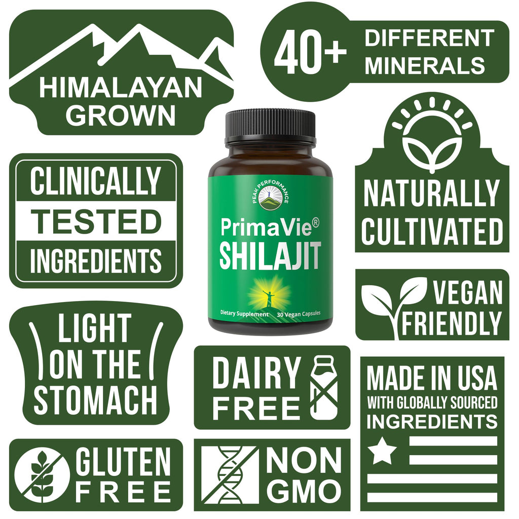 PrimaVie Purified Shilajit Capsules Made with Pure Shilajit Powder. Clinically Tested Natural Supplement with 40+ Trace Minerals, Fulvic Acid. Tablets Support Mitochondria + Brain Function Peak Performance Au supplements
