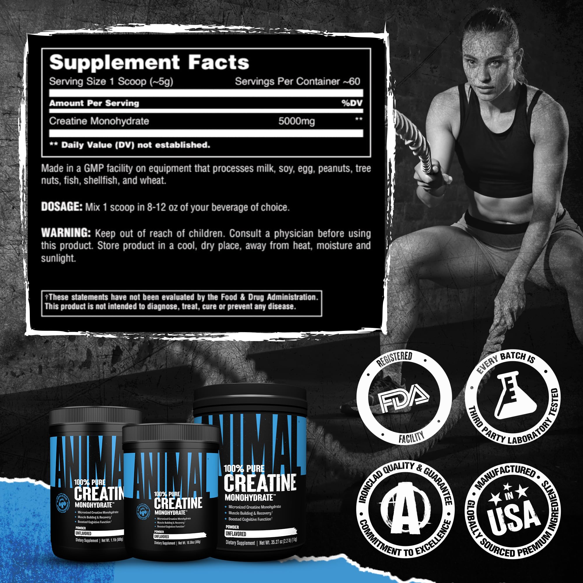 Animal Creatine Monohydrate Powder – Micronized Creatine for Women and Men, Supports Muscle Growth, Strength, Endurance, Recovery and ATP Production, Gym & Workout Supplements - Unflavored, 300g Animal Au supplements