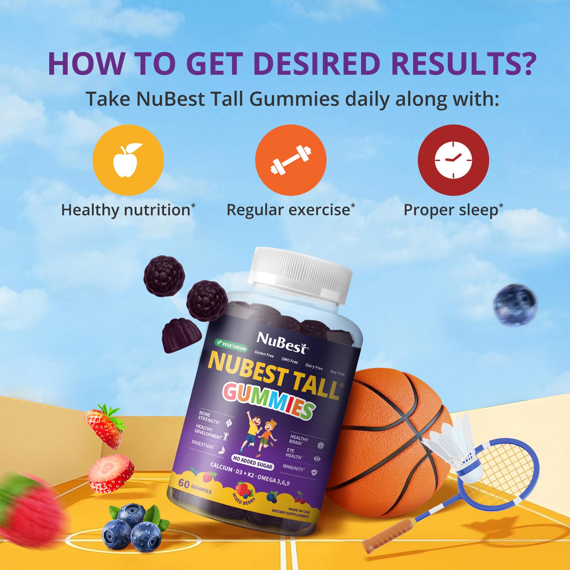 NuBest Tall Gummies for Kids Age 2+ & Teens | Bone Strength, Immunity, Digestive Health with Calcium, Vitamin D3, K2, B Complex, Magnesium, Zinc