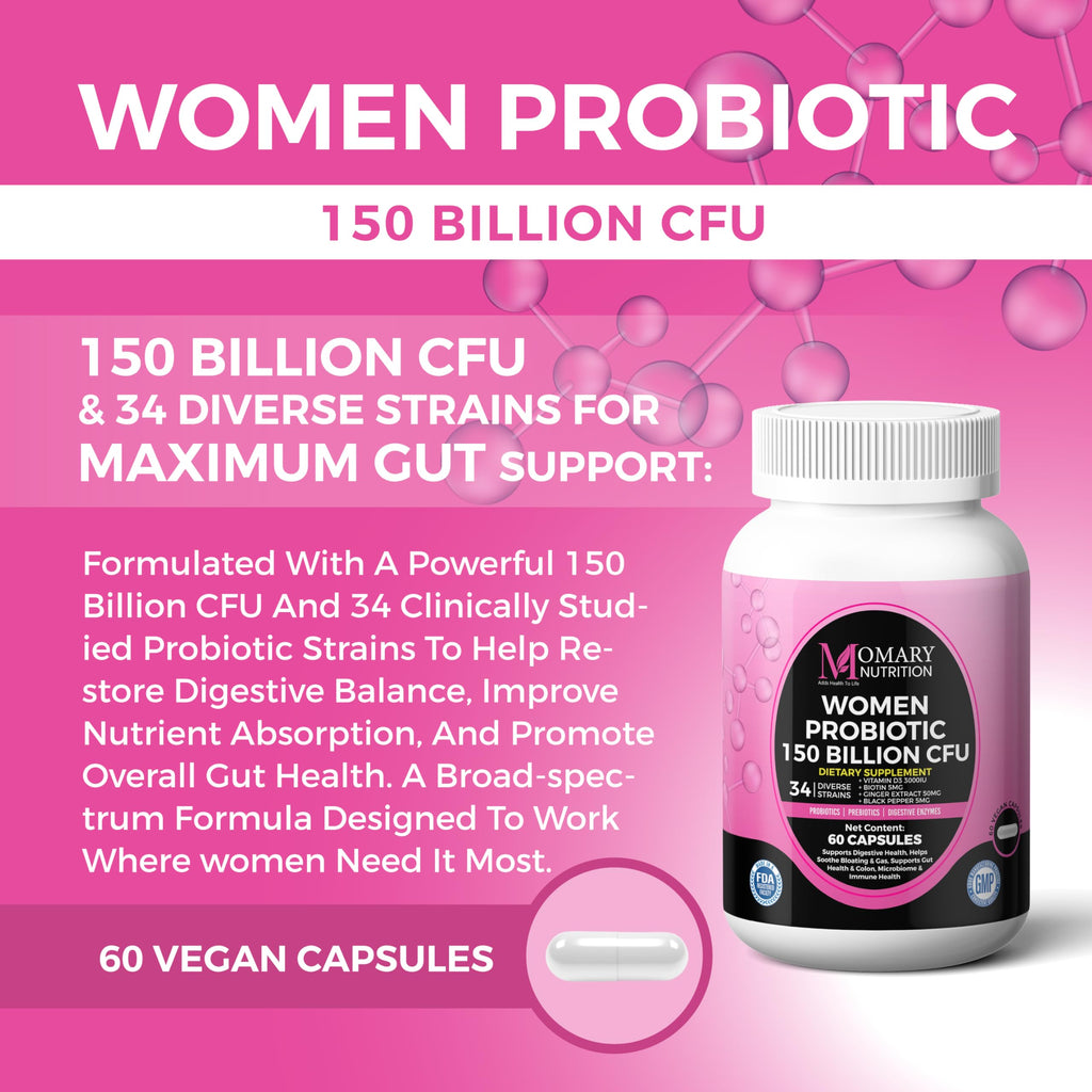 9-in-1 Bio Cultures Complex for Women – 150 Billion CFU Probiotics with 34 Diverse Strains, Organic Prebiotics, Postbiotics, Digestive Enzymes & Biotin – Supports Digestive Balance & Gut Microbiome MOMARY NUTRITION Au supplements