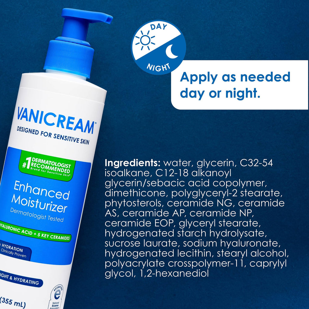 Vanicream Enhanced Moisturizer, 12 fl oz, Formulated without Common Irritants, Body Moisturizer, All-Day Hydration with Hyaluronic Acid