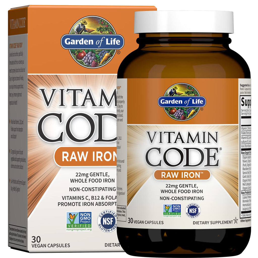 Garden of Life Vitamin Code Raw Iron Supplement - 30 Vegan Capsules, 22mg Once Daily Iron, Vitamins C, B12, Folate, Fruit, Veggies & Probiotics, Iron Supplements for Women