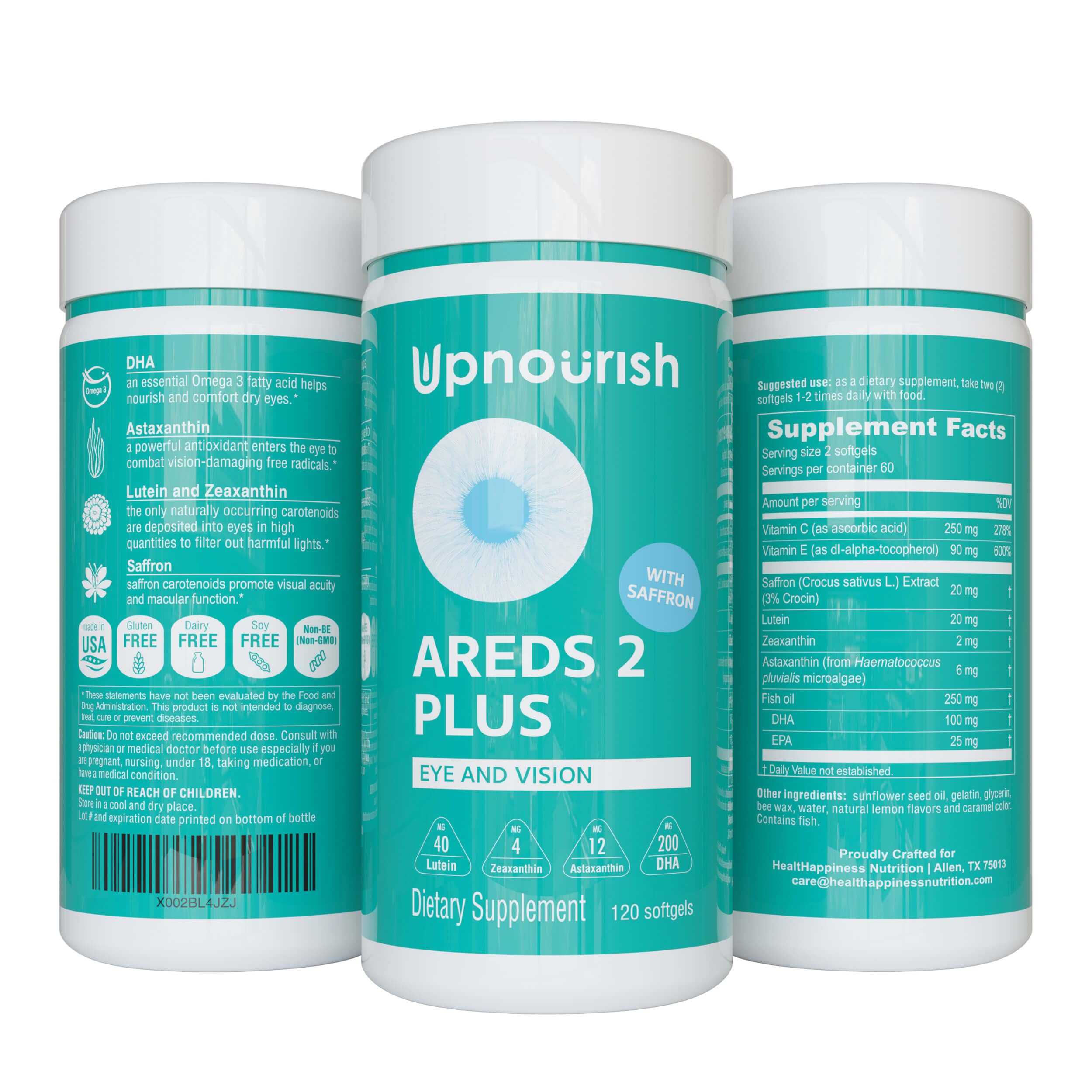 UpNourish AREDS 2 Plus Eye Vitamin Supplement, AREDS 2 Zinc Free Formula with Lutein, Zeaxanthin, Saffron, Astaxanthin & DHA - 120 softgels UpNourish Au supplements