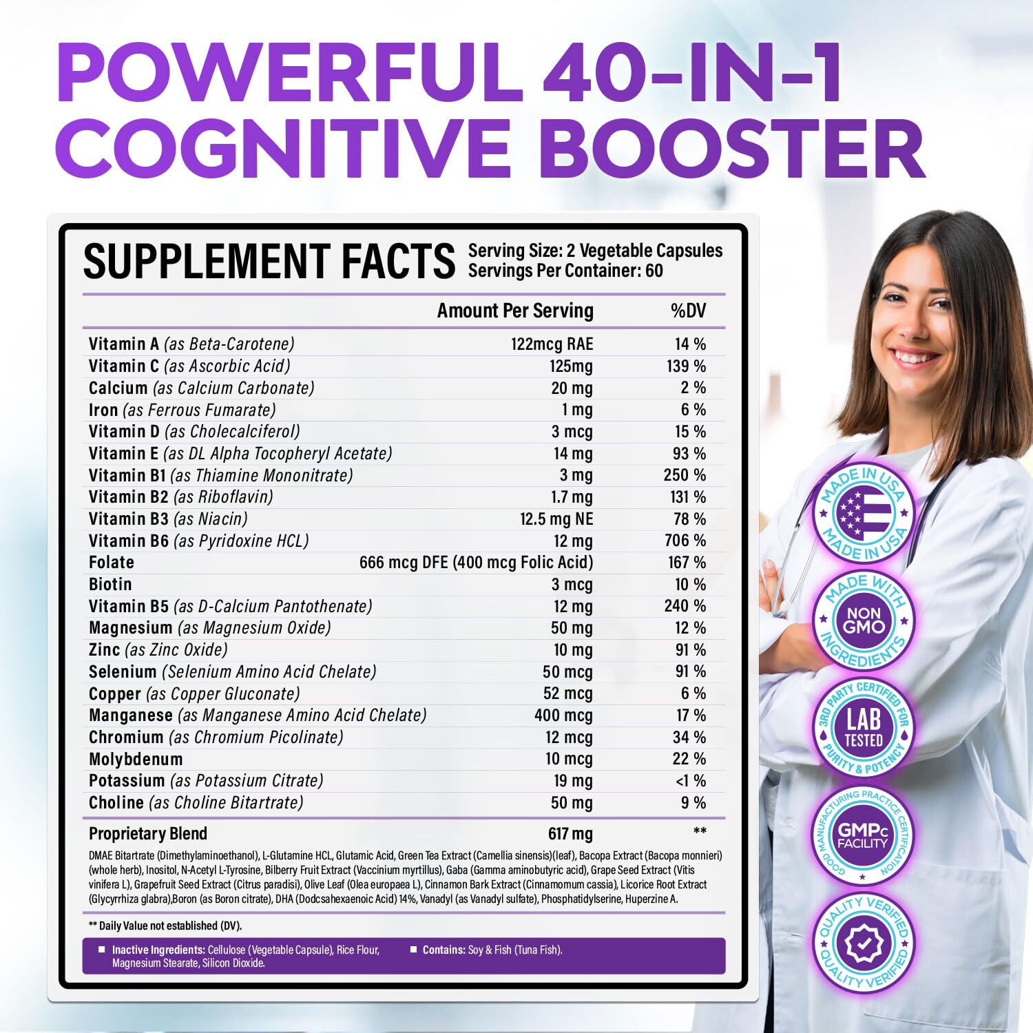 40-in-1 Brain Booster Supplements for Memory, Focus, Clarity, Energy, Performance | Natural Nootropic Brain Support Supplement with DMAE, Bacopa Monnieri & More | For Men & Women | 120 V Capsules Rainbow Nutrients, LLC Au supplements