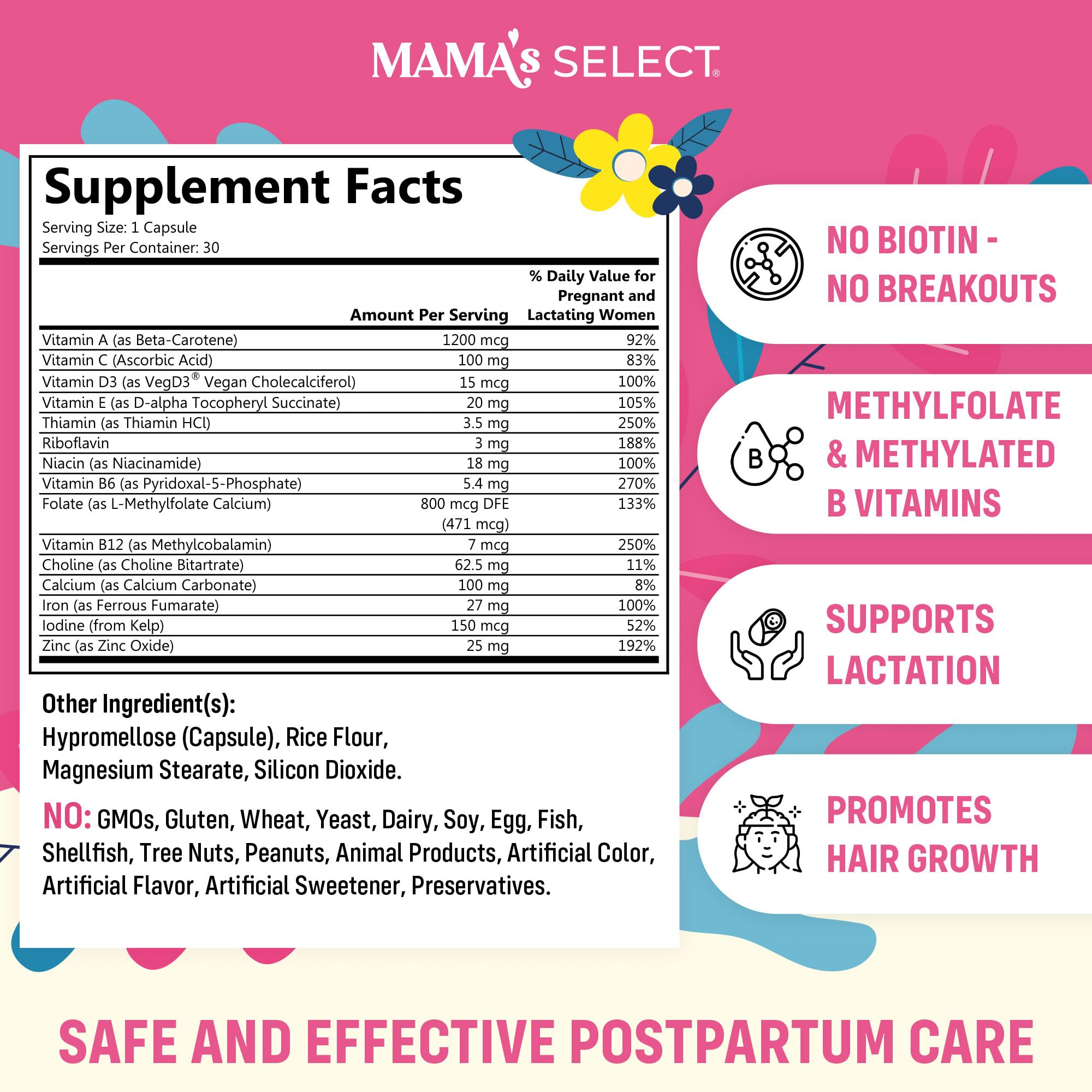 Mama's Select Postnatal Vitamins – Boosts Hair Recovery, Milk Supply, & Wellness – Allergen-Free, Vegan, MTHFR Friendly, Methylated Folate & B Vitamins,