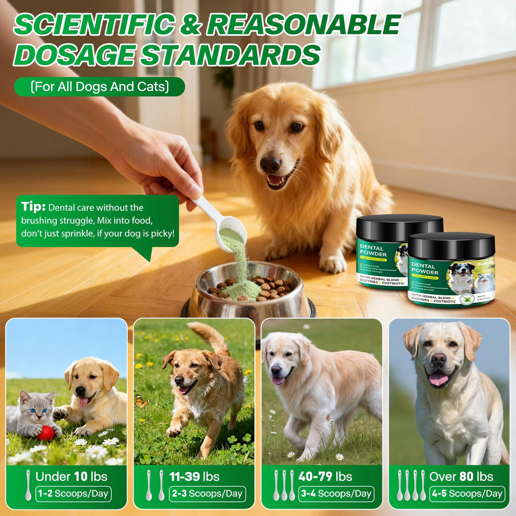 Dog Dental Powder for Teeth Cleaning Plaque & Bad Breath Off, Dental Powder for Dogs Teeth with Natural Herbal Blend & Postbiotics, Dog Teeth Cleaning Powder with Enzymes for Dogs & Cats (3.5oz) AUROS Au supplements