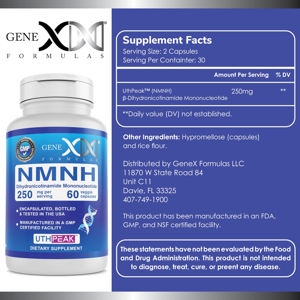 Genex Formulas 250mg NMNH (60 Capsules - 30 Servings) | Uthpeak™ NMNH (Dihydronicotinamide Mononucleotide) NAD+ Precursor for Healthy Aging - Non-GMO, Gluten-Free, Vegetarian Genex Formulas Au supplements