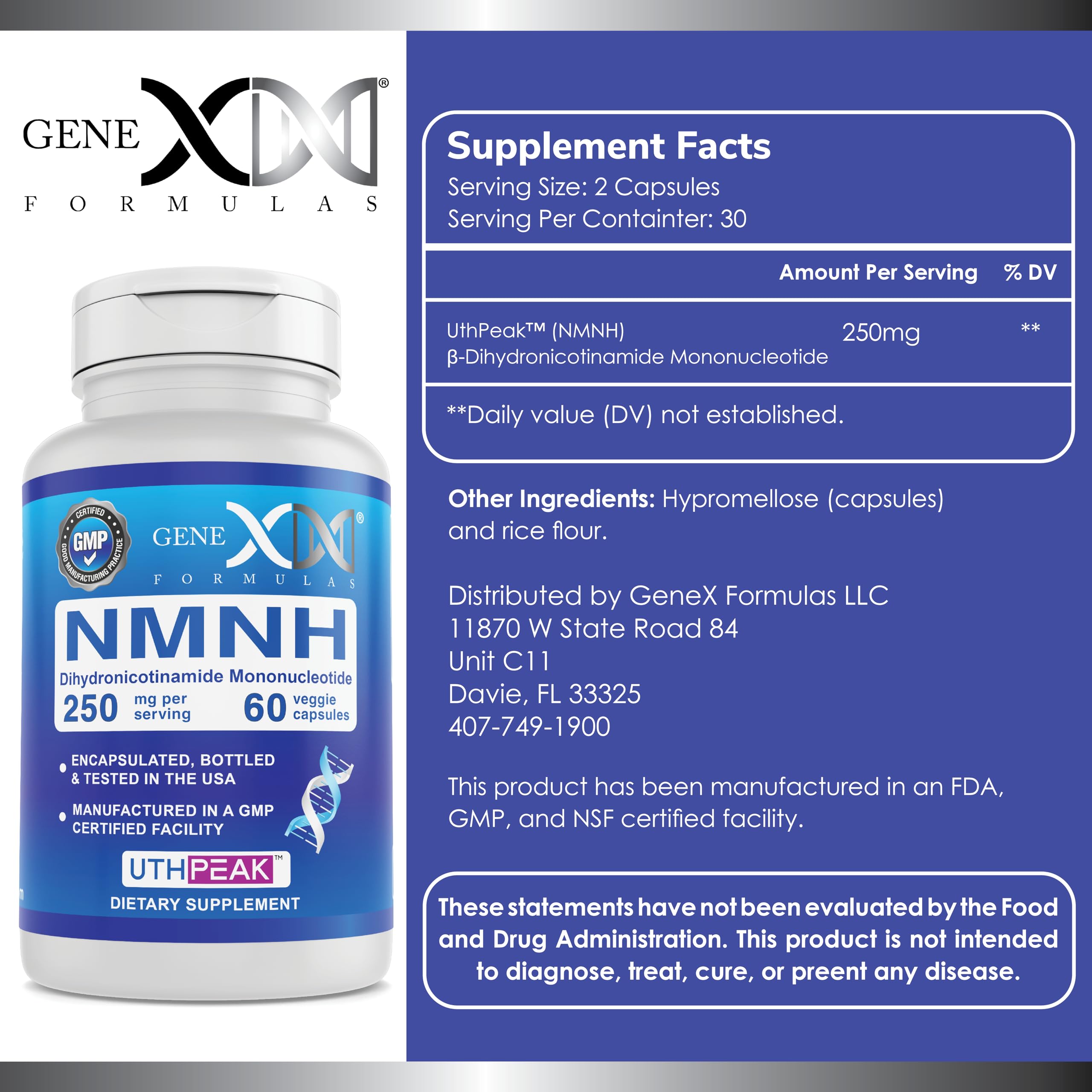 Genex Formulas 250mg NMNH (60 Capsules - 30 Servings) | Uthpeak™ NMNH (Dihydronicotinamide Mononucleotide) NAD+ Precursor for Healthy Aging - Non-GMO, Gluten-Free, Vegetarian Genex Formulas Au supplements