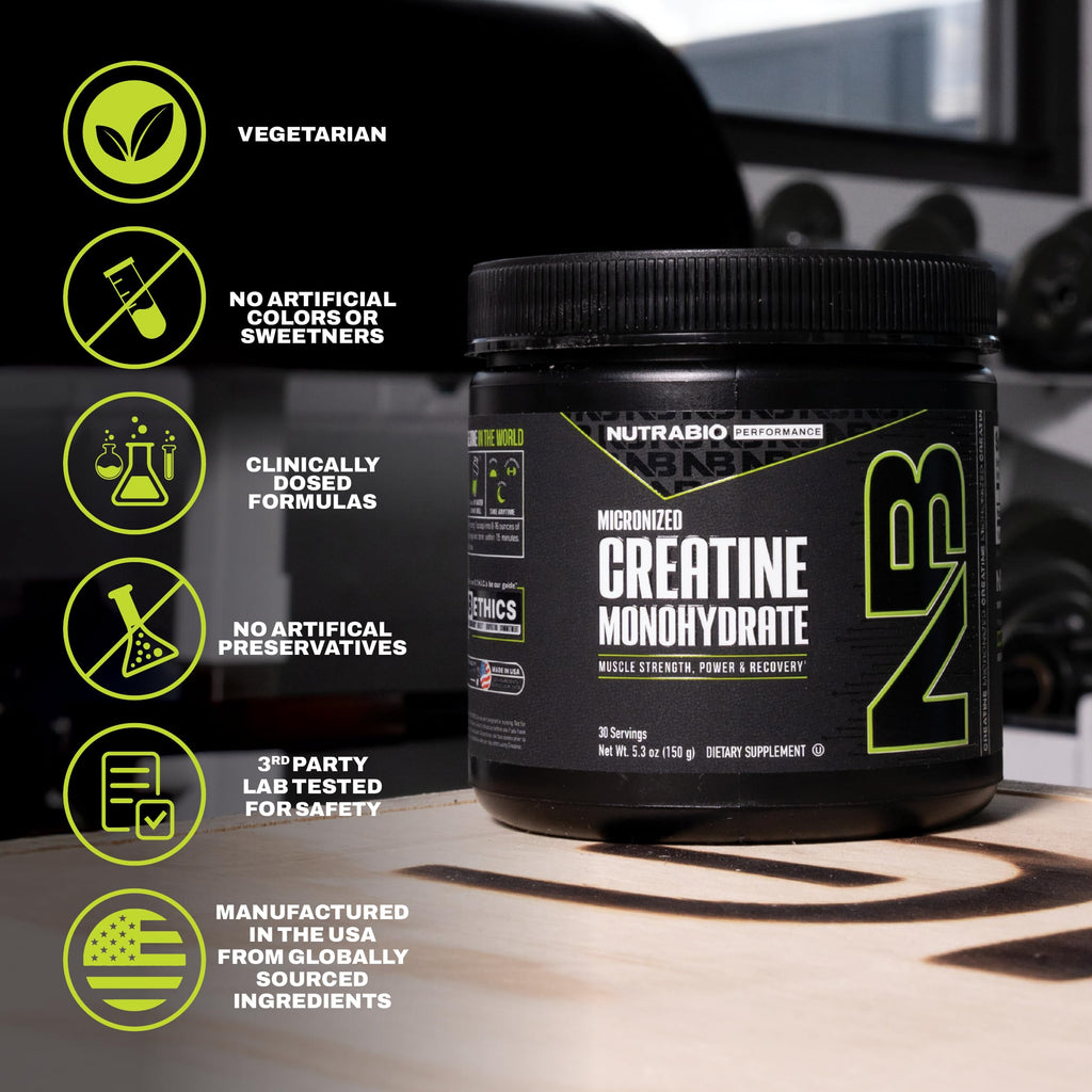 NutraBio Pure Micronized Creatine Monohydrate Powder Supplement, Unflavored, (150 g) - Supports Bulk Muscle Energy, Recovery, and Strength - HPLC Tested Creatine Powder Supplement for Men and Women