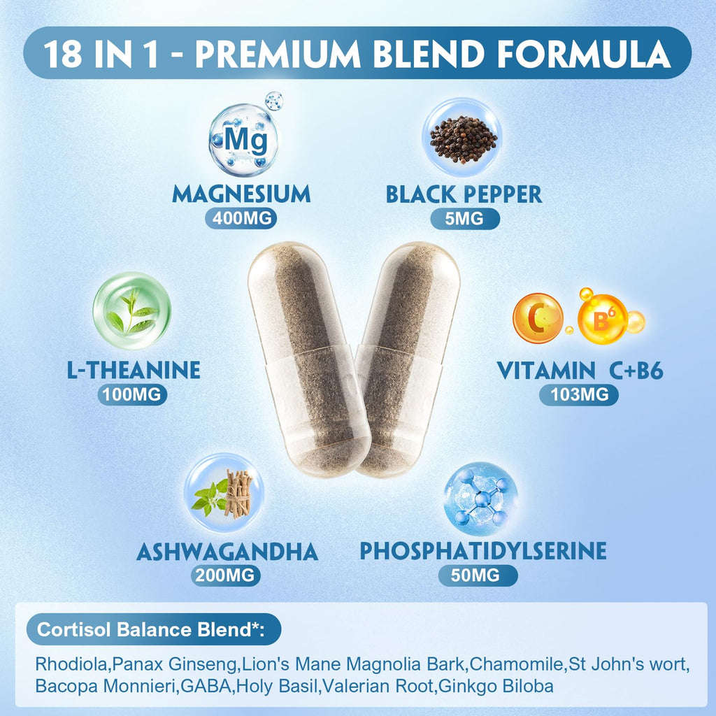 NATUREBULK Cortisol Supplements for Women, 18-in-1 - Premium Blend with Ashwagandha, Rhodiola, Magnesium & L-Theanine - Stress Response Support & Mood Enhancement Formula - 120 Vegetarian Capsules NATUREBULK Au supplements