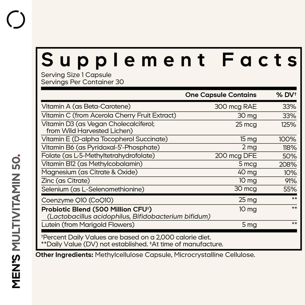 Codeage Men's Multivitamin 50 - Essential Vitamins & Minerals for Men Over 50 - Daily Multivitamins for Men Supplement - Vitamin A, C, D3, E, B6, B1, CoQ10, Probiotics, Lutein - Non-GMO - 30 Capsules Codeage Au supplements