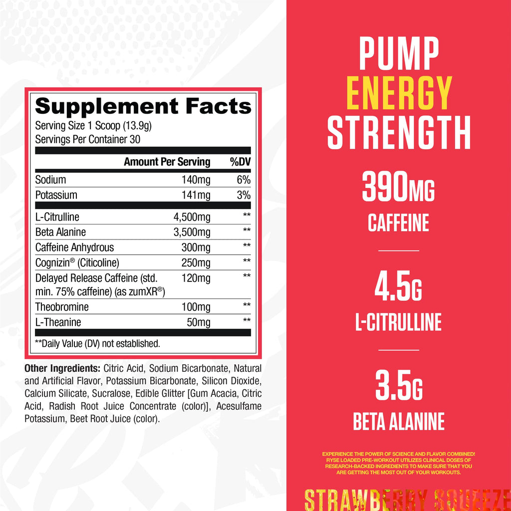 RYSE Loaded Pre Workout Powder - Strawberry Squeeze - Daily Pre-Workout for Men & Women with 390mg Caffeine, Beta Alanine, and Citrulline for Pump