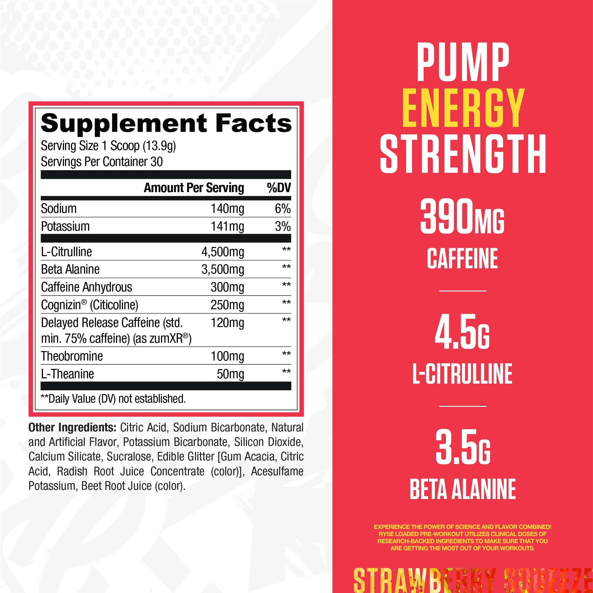 RYSE Loaded Pre Workout Powder - Strawberry Squeeze - Daily Pre-Workout for Men & Women with 390mg Caffeine, Beta Alanine, and Citrulline for Pump