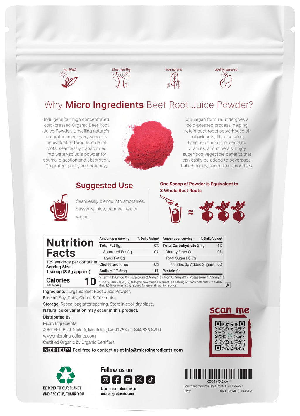 Micro Ingredients Organic Beet Root Juice Powder, 1 Pound | Cold Pressed, Water Soluble, High Concentrated Raw Beet Supplement | Superfood Drink Mix