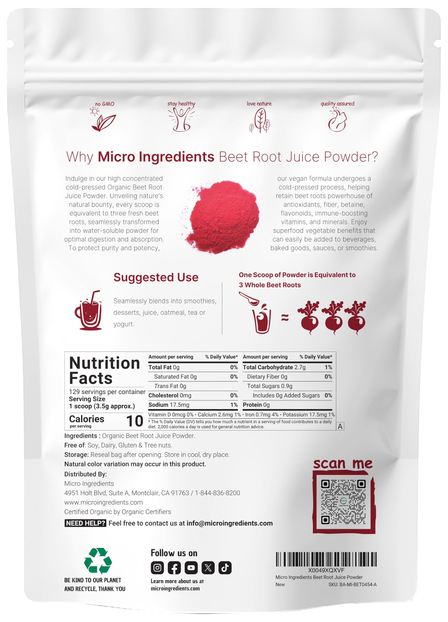 Micro Ingredients Organic Beet Root Juice Powder, 1 Pound | Cold Pressed, Water Soluble, High Concentrated Raw Beet Supplement | Superfood Drink Mix