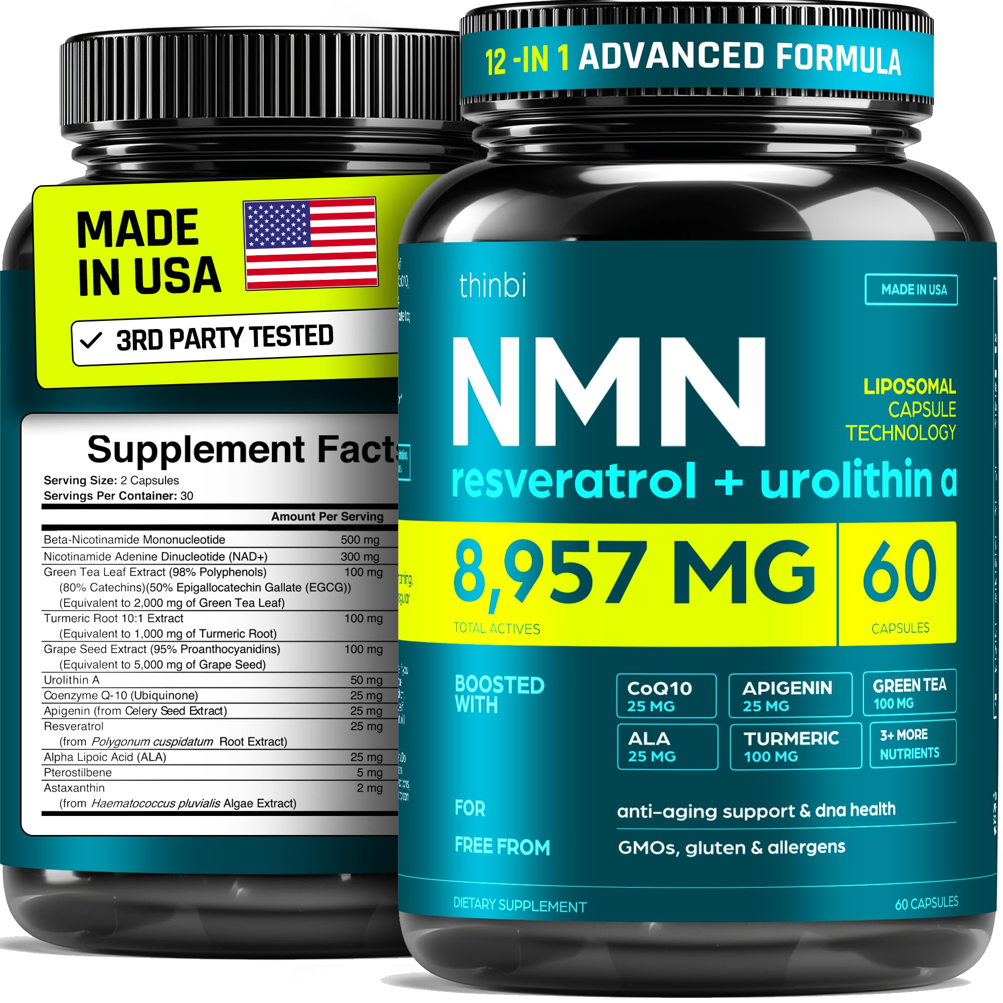 NMN Supplement 8957mg with Real NAD+ Not Just a Booster | Urolithin A, Resveratrol, CoQ10, Alpha Lipoic Acid, Green Tea Extract | Cellular Longevity & Energy Support for Men & Women Thinbi Au supplements