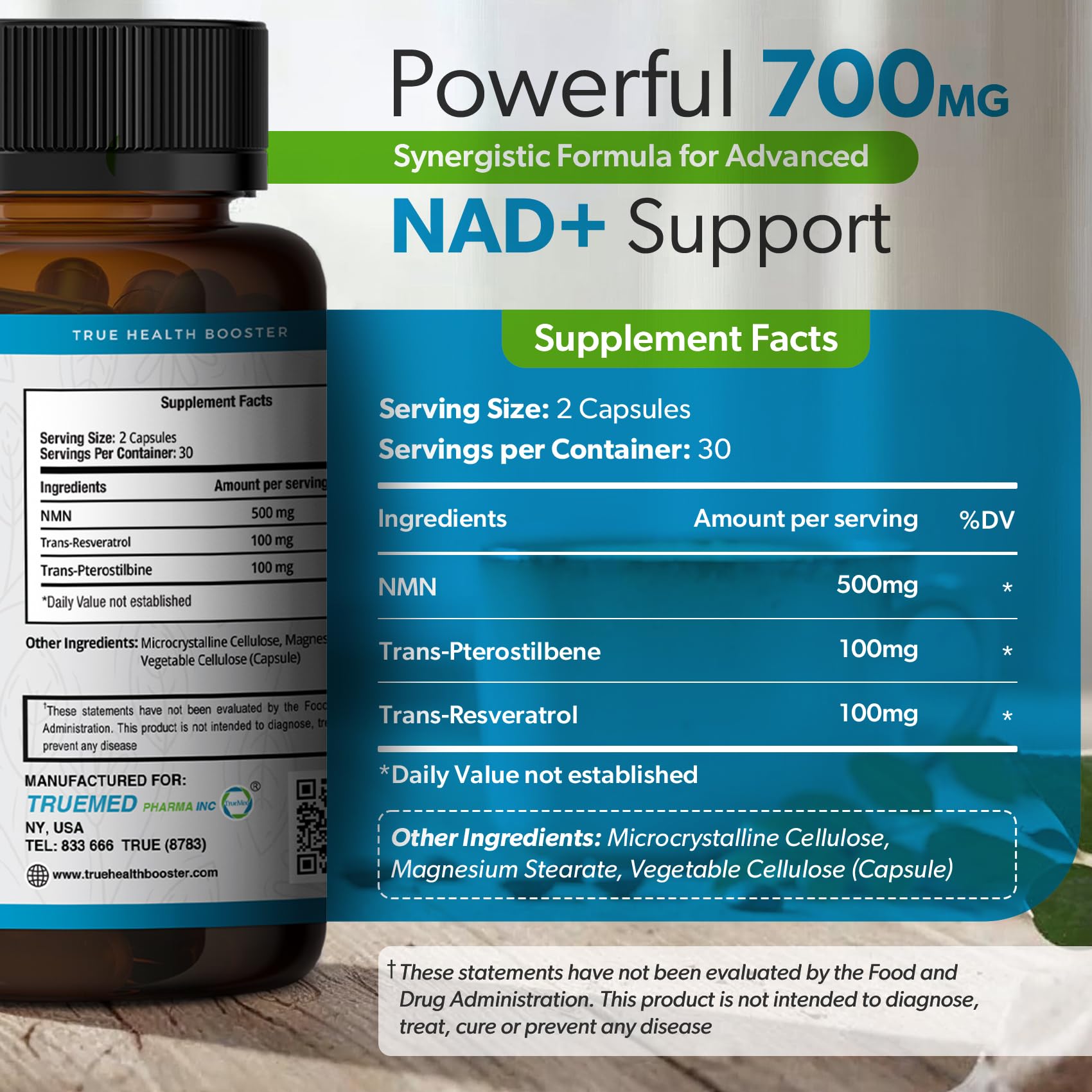 TRUEMED NMN Synergy+ 700mg – Premium NMN Supplement with Resveratrol & Pterostilbene | Advanced NAD+ Supplement for Cellular Energy, & Wellness Support | Non-GMO, Vegan, 60 Capsules TRUEMED Au supplements