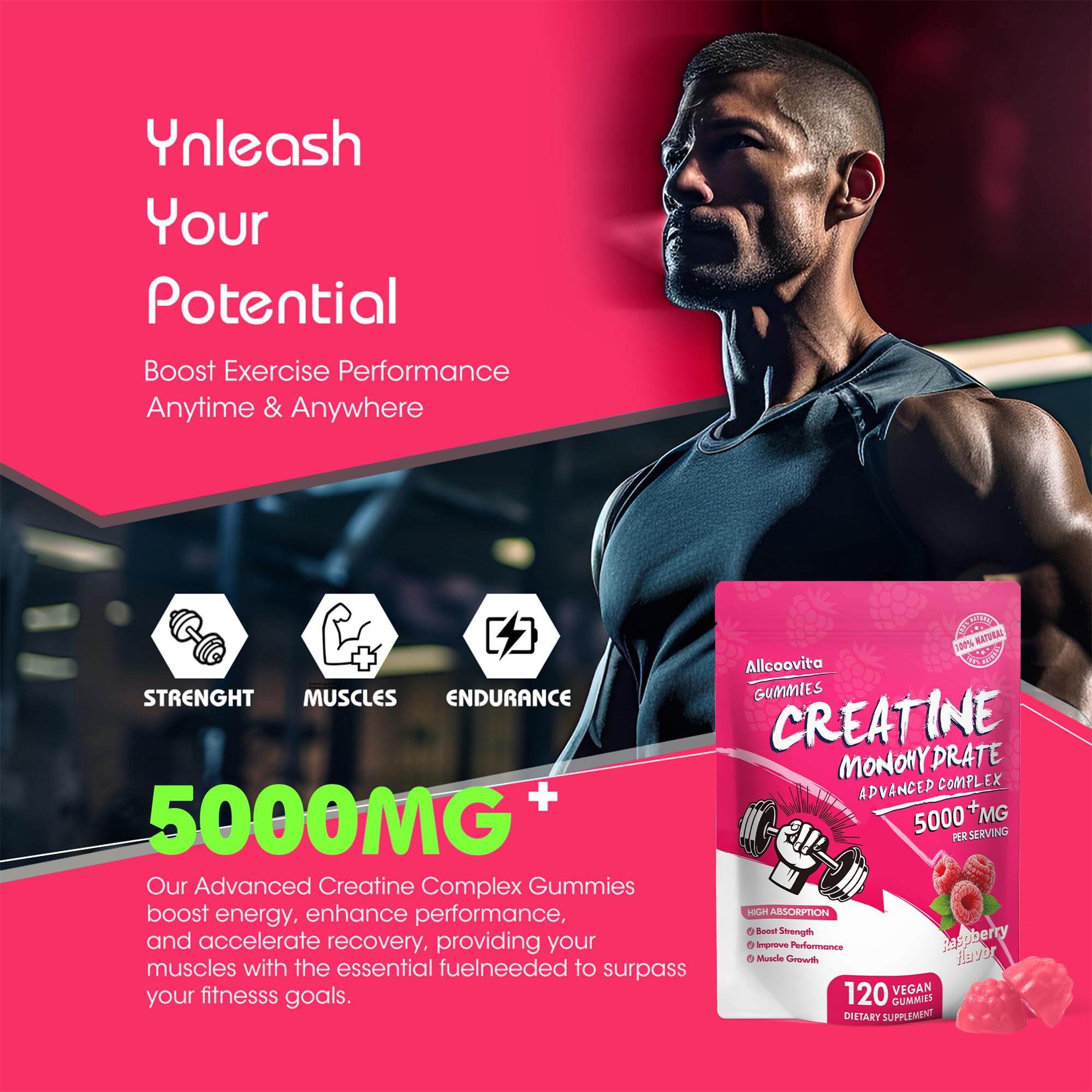 NSF Certified Creatine Gummy - Creatine Monohydrate Gummies 5000mg for Men & Women -120 Gummies Advanced Formula, Muscle Strength, Muscle Builder, Energy Boost, Pre-Workout Supplement-Raspberry Allcoovita Au supplements