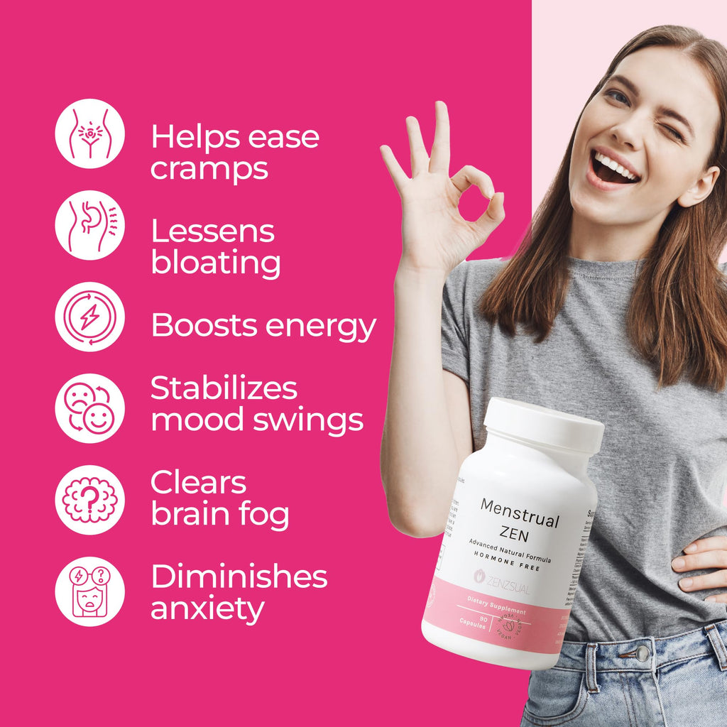 ZENZSUAL Menstrual Zen Natural and Hormone-Free Supplement – Support for Menstrual Cramps, Mood Swings and Period Pain – Diuretic Effect (90 Capsules / 2.7 Oz) ZENZSUAL Au supplements