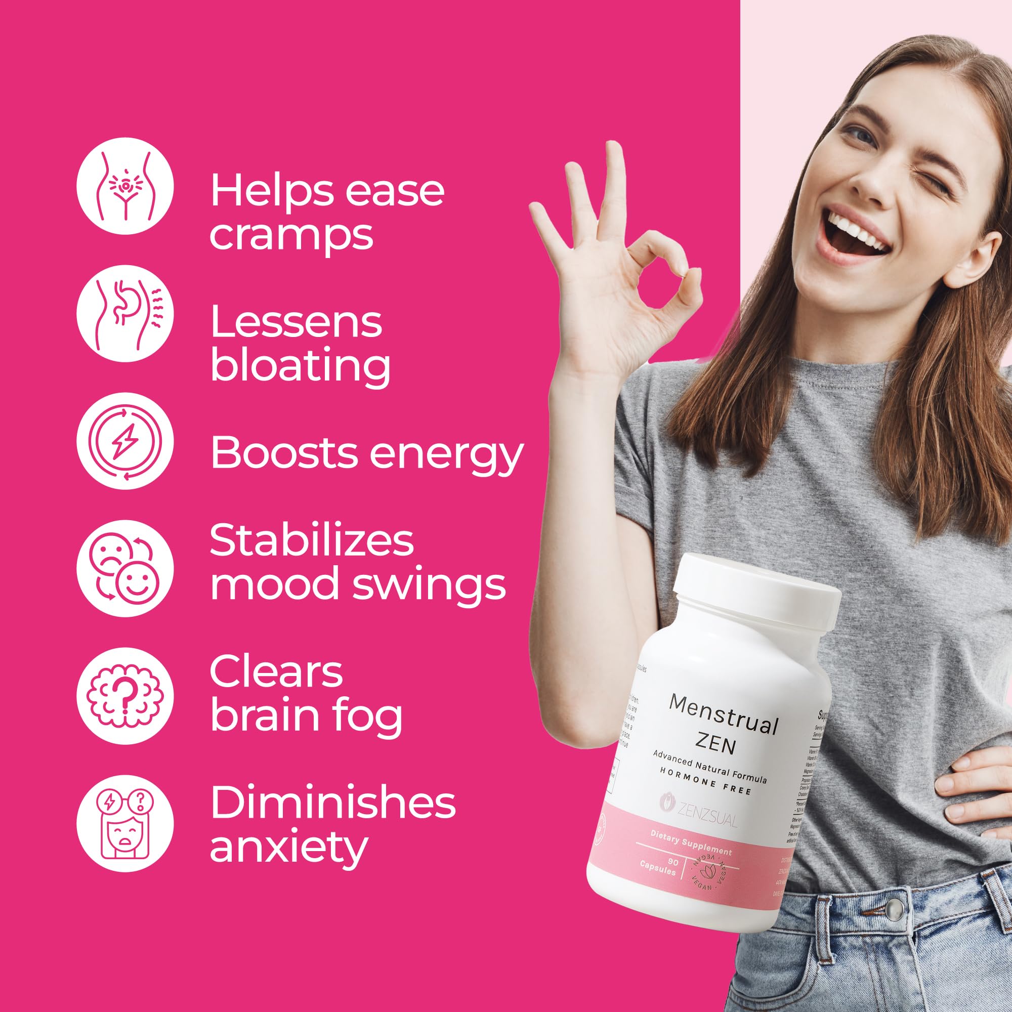 ZENZSUAL Menstrual Zen Natural and Hormone-Free Supplement – Support for Menstrual Cramps, Mood Swings and Period Pain – Diuretic Effect (90 Capsules / 2.7 Oz) ZENZSUAL Au supplements