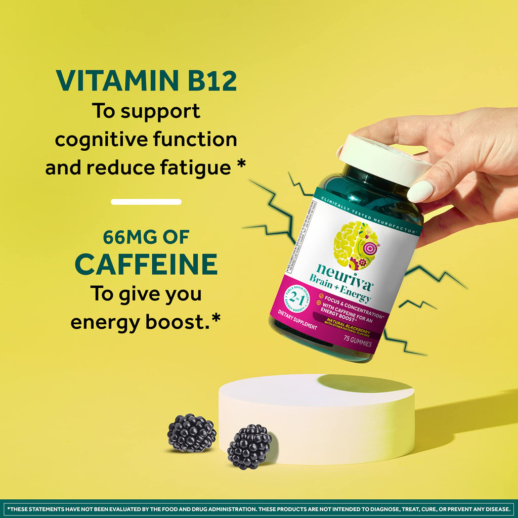 NEURIVA Brain + Energy Gummies, Nootropic Brain Supplements for Focus and Concentration with Neurofactor, Vitamin B12 & Caffeine for an Energy Boost*, 75ct Natural BlackBerry NEURIVA Au supplements