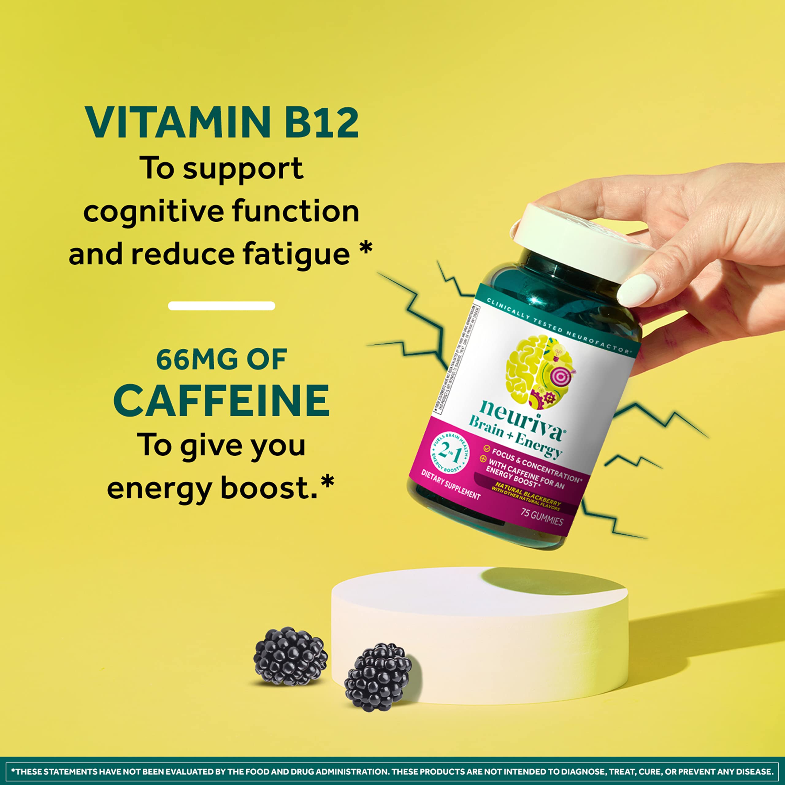NEURIVA Brain + Energy Gummies, Nootropic Brain Supplements for Focus and Concentration with Neurofactor, Vitamin B12 & Caffeine for an Energy Boost*, 75ct Natural BlackBerry NEURIVA Au supplements