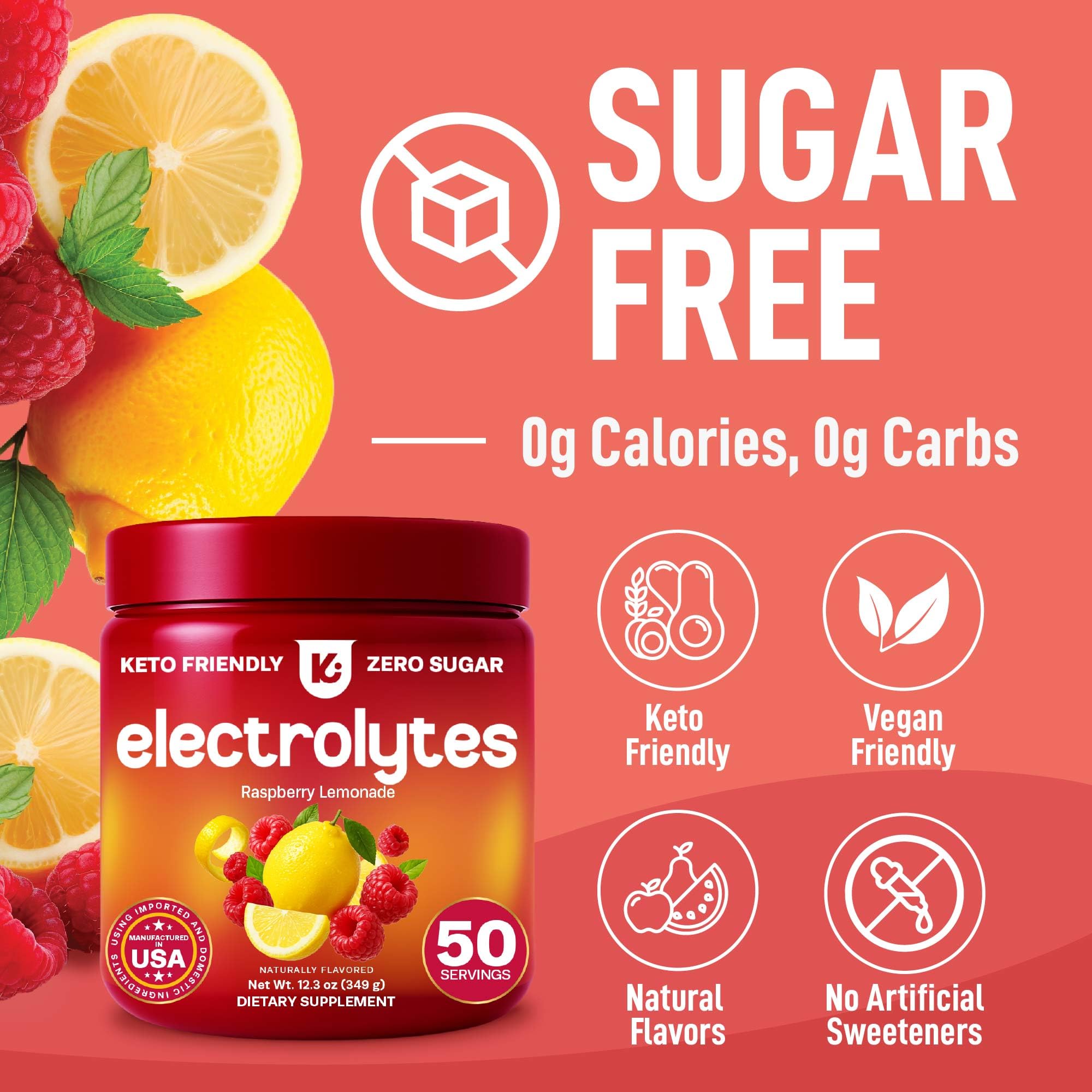 Keppi Electrolytes Powder – Raspberry Lemonade Flavor 50 Servings – No Sugar Hydration Supplement with Magnesium, Potassium, Sodium – Keto, Vegan