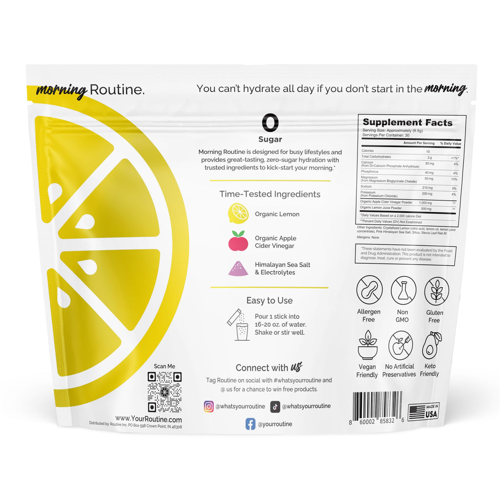 ROUTINE Morning Daily Hydration | Electrolyte Powder Packets | Lemon, Apple Cider Vinegar & Sea Salt Drink Mix | Sugar-Free, Keto & Paleo-Friendly | 3rd-Party