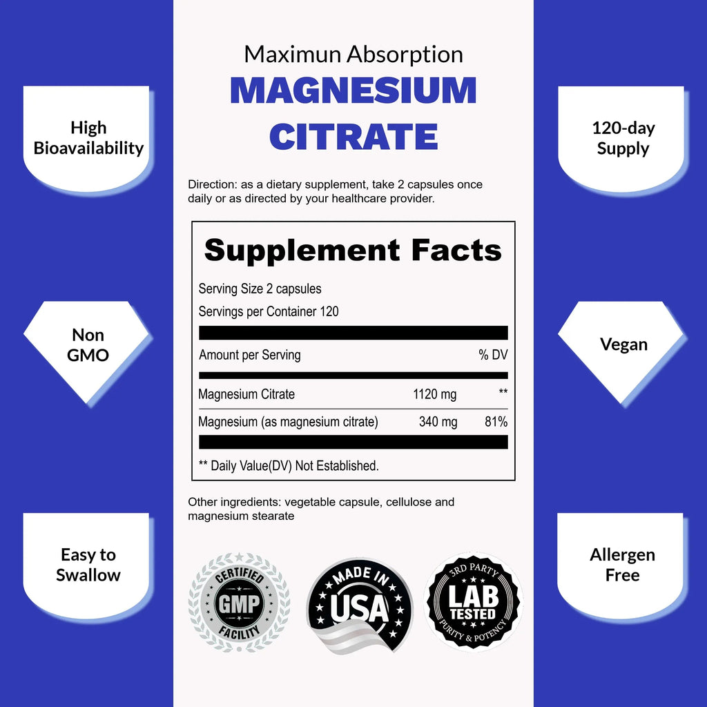 UpNourish Pure Magnesium Citrate (Citrato de Magnesio) 1120mg, 240 Capsules UpNourish Au supplements