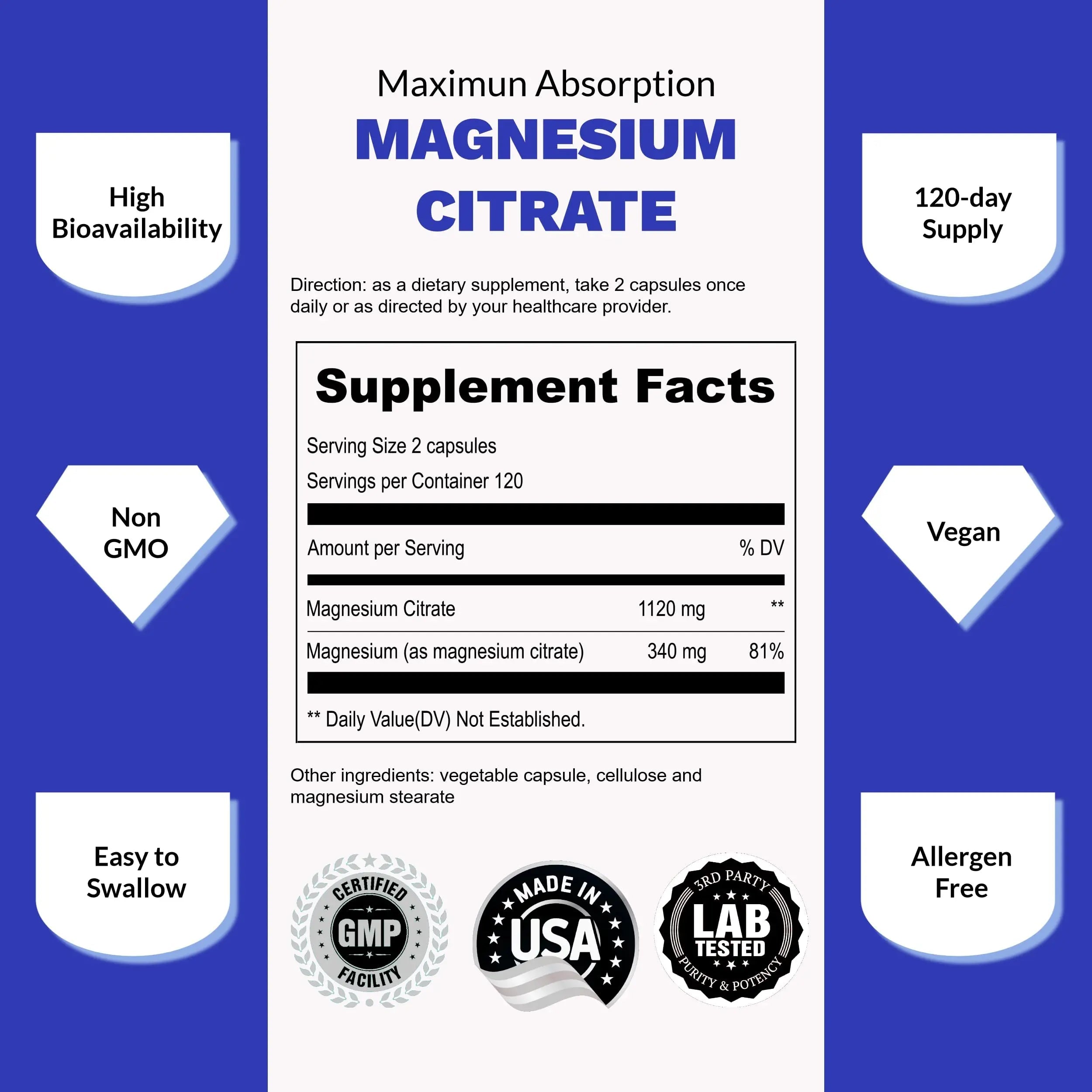 UpNourish Pure Magnesium Citrate (Citrato de Magnesio) 1120mg, 240 Capsules UpNourish Au supplements