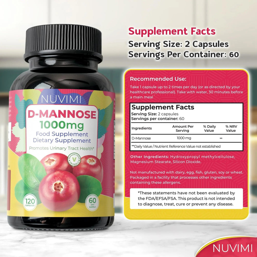 NUVIMI D Mannose 120 Capsules - 1000 mg per Dose - Dietary Supplement Helps Promote Urinary Tract Health - Natural Vegan UTI Defense NUVIMI Au supplements