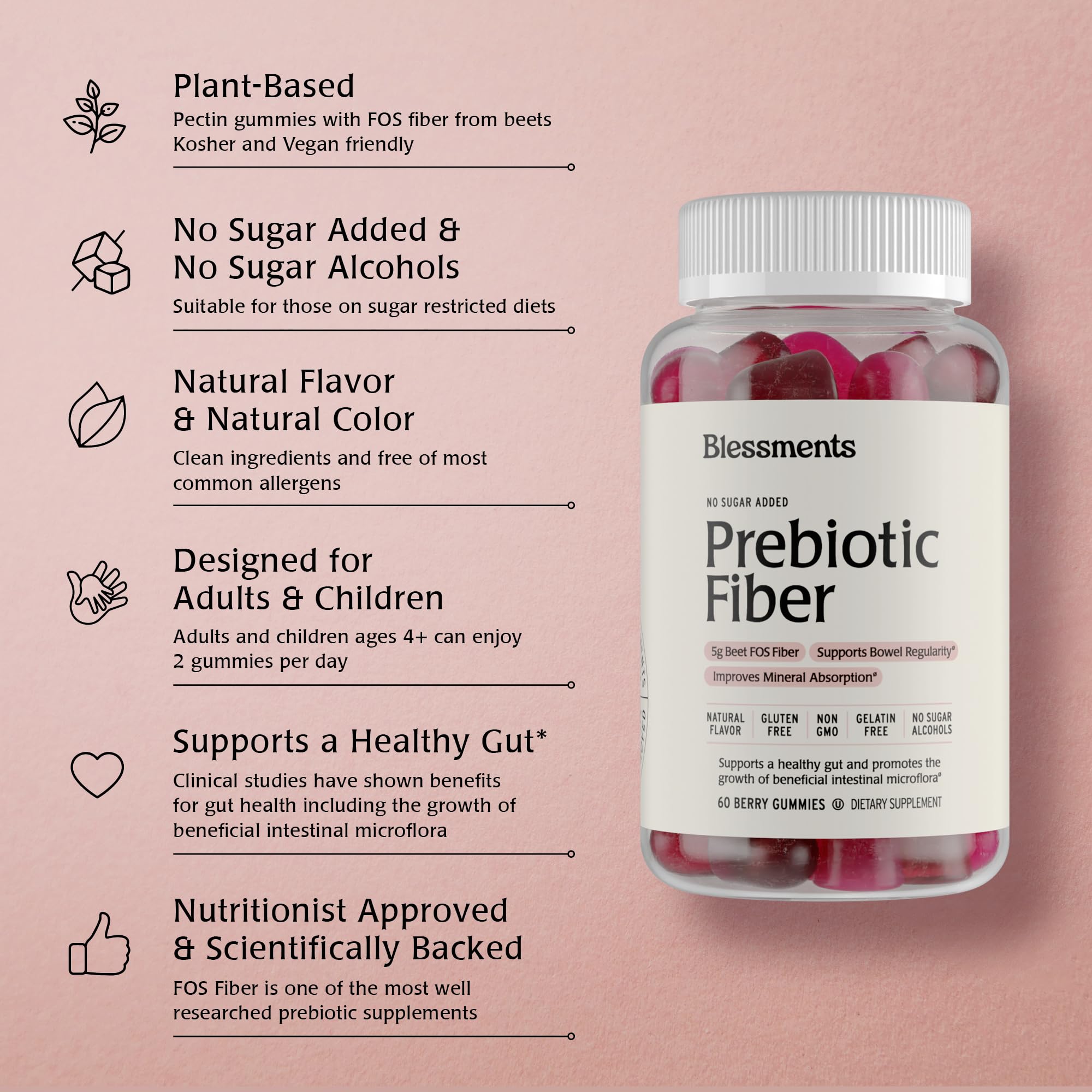 Blessments - Prebiotic Fiber Gummies for Adults & Kids with No Added Sugar- 5g (60 Count) High Fiber Supplement Gummies - Vegan - Keto Friendly - Digestive Health Supplements