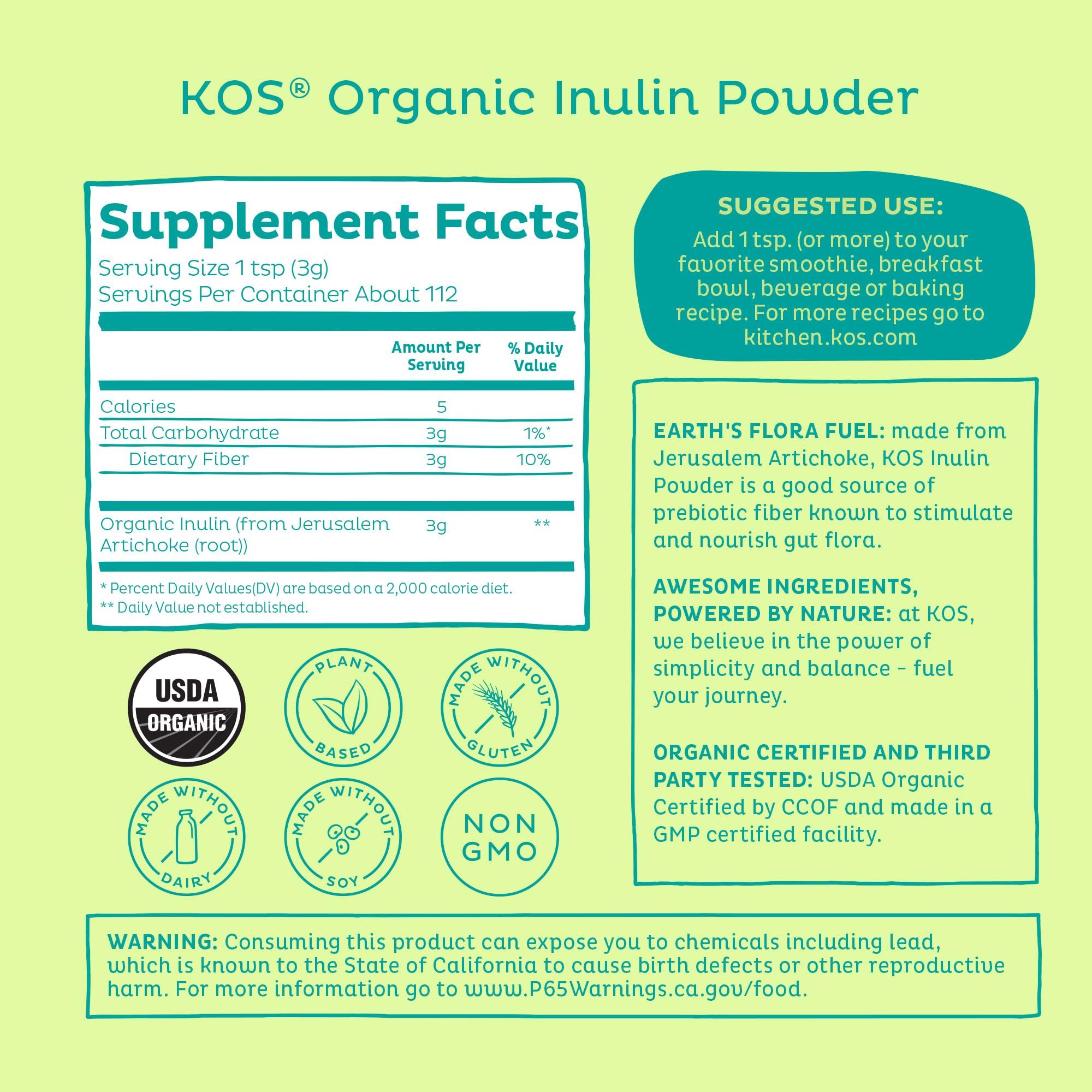 KOS Organic Inulin Powder, Unflavored & Unsweetened Superfood - Vegan Inulin for Prebiotic Intestinal Support, Digestive Health Promoting - USDA Certified, Non-GMO
