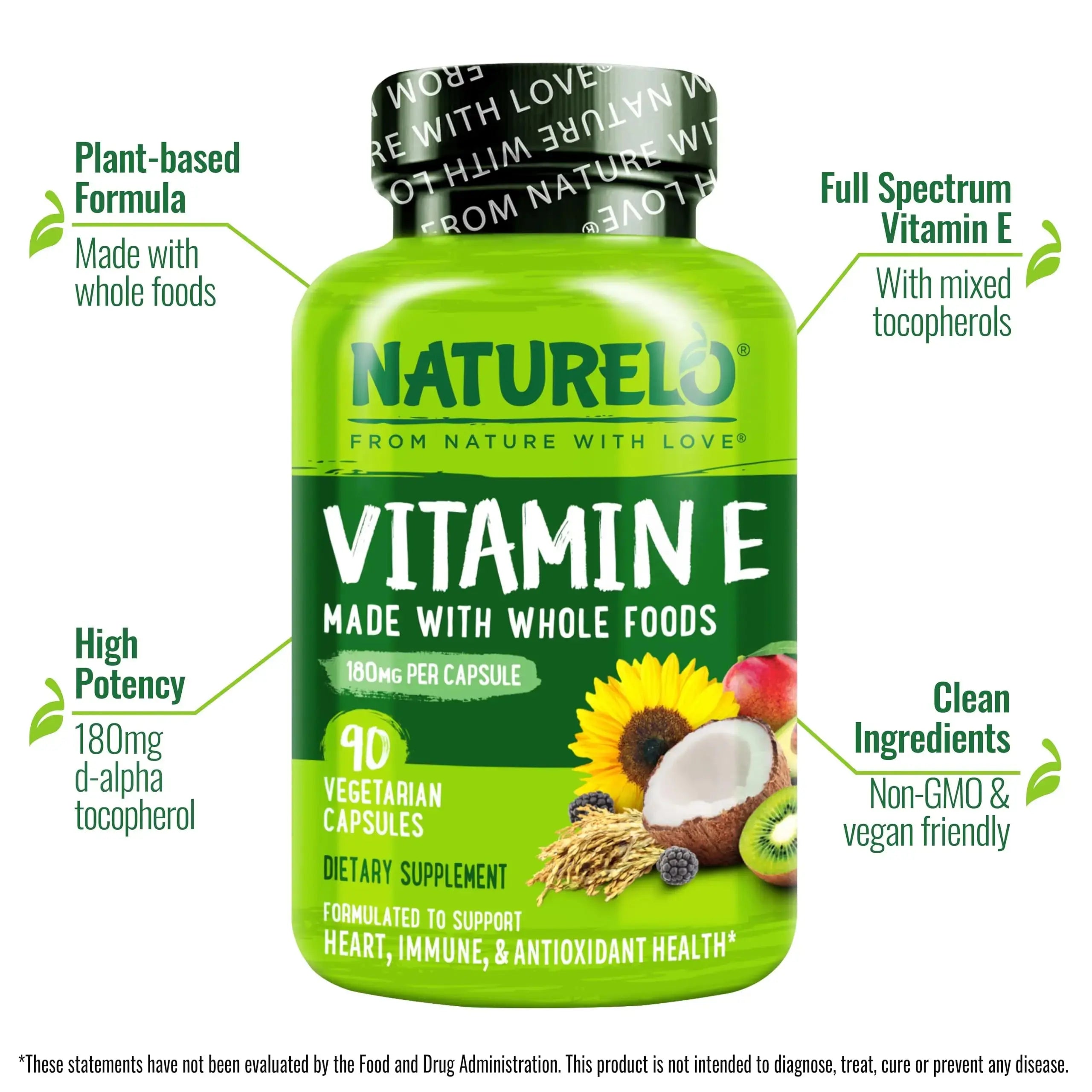 NATURELO Vitamin E Capsules 180 mg - 90 Vegan Capsules | Supports Skin, Hair, and Nails | Immune and Eye Health | NATURELO Au supplements