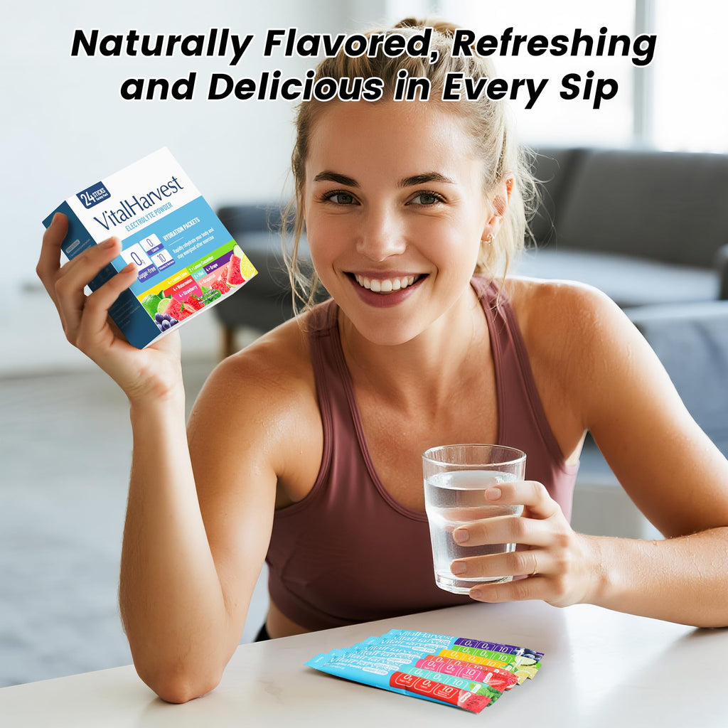 24 Sticks Electrolytes Powder Packets 7 Flavors Sugar Free Hydration Packets Liquid Daily IV Drink Mix, Low Sodium, Lemon Lime, Watermelon, Strawberry, Grape