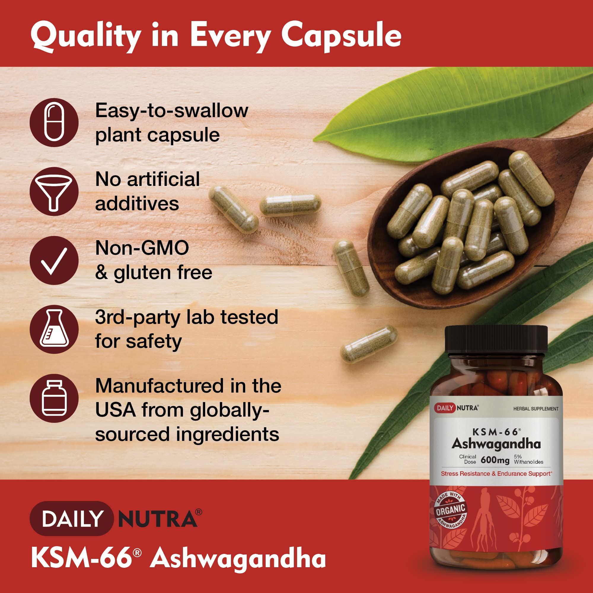 DailyNutra KSM-66 Ashwagandha 600mg Organic Root Extract - High Potency Supplement with 5% Withanolides | Relieves Tiredness, Supports Relaxation, Focus, Energy, & Muscle Growth (90 Capsules) DailyNutra Au supplements