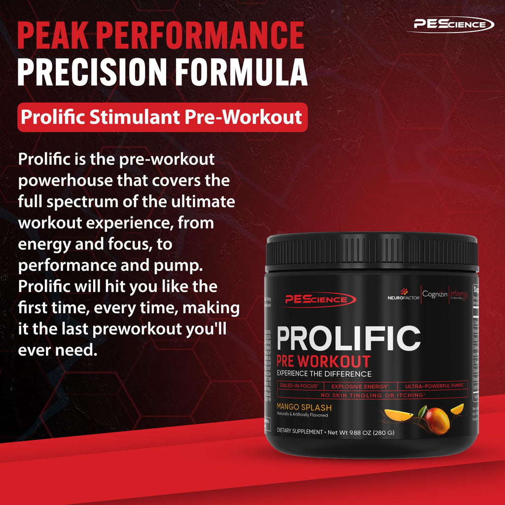 PEScience Prolific Pre Workout Powder for Men & Women with L-Citrulline Nitric Oxide Booster, Energy Powder & Nootropic for Focus – Preworkout Without Beta Alanine – 40 Scoops, Mango Splash PEScience Au supplements
