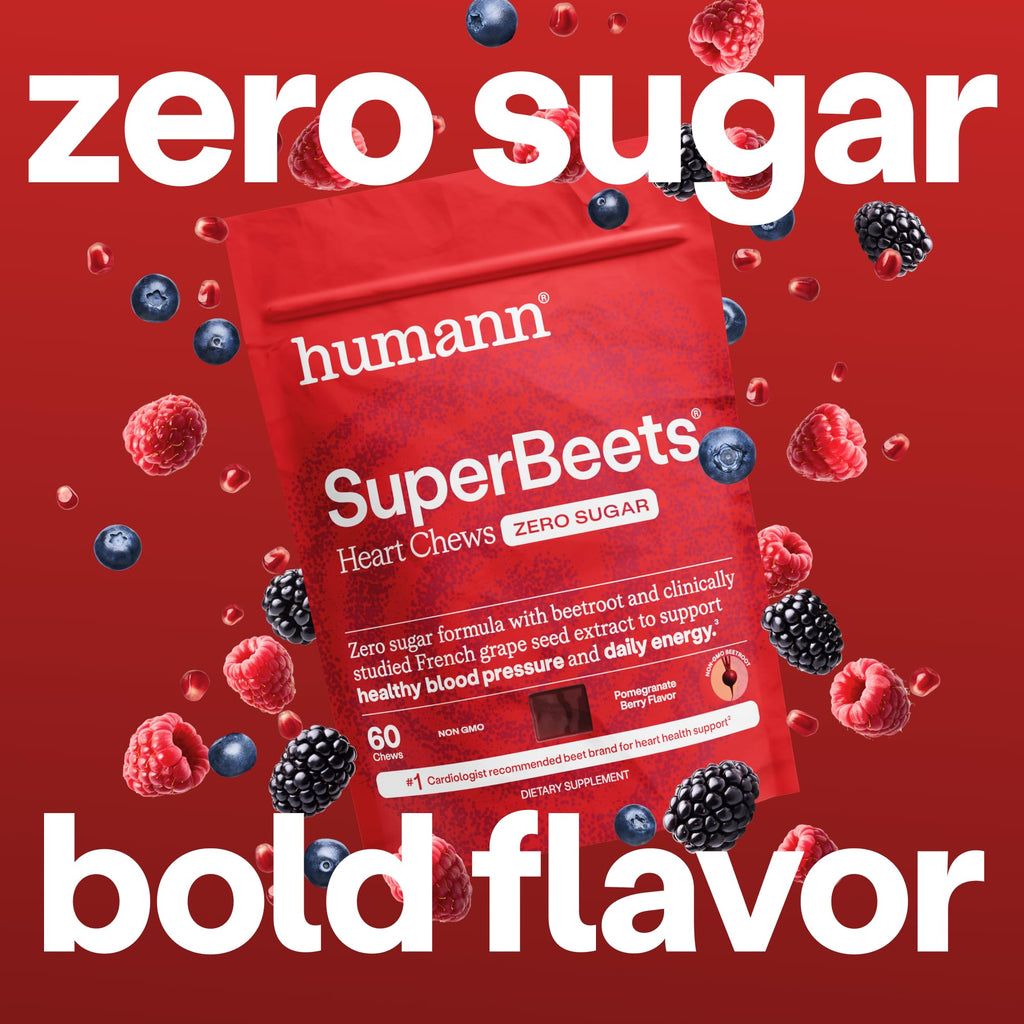 Humann SuperBeets Heart Chews Zero Sugar, Beet Root Supplement, Energy, Nitric Oxide and Blood Pressure Support, Grape Seed Extract & Non-GMO