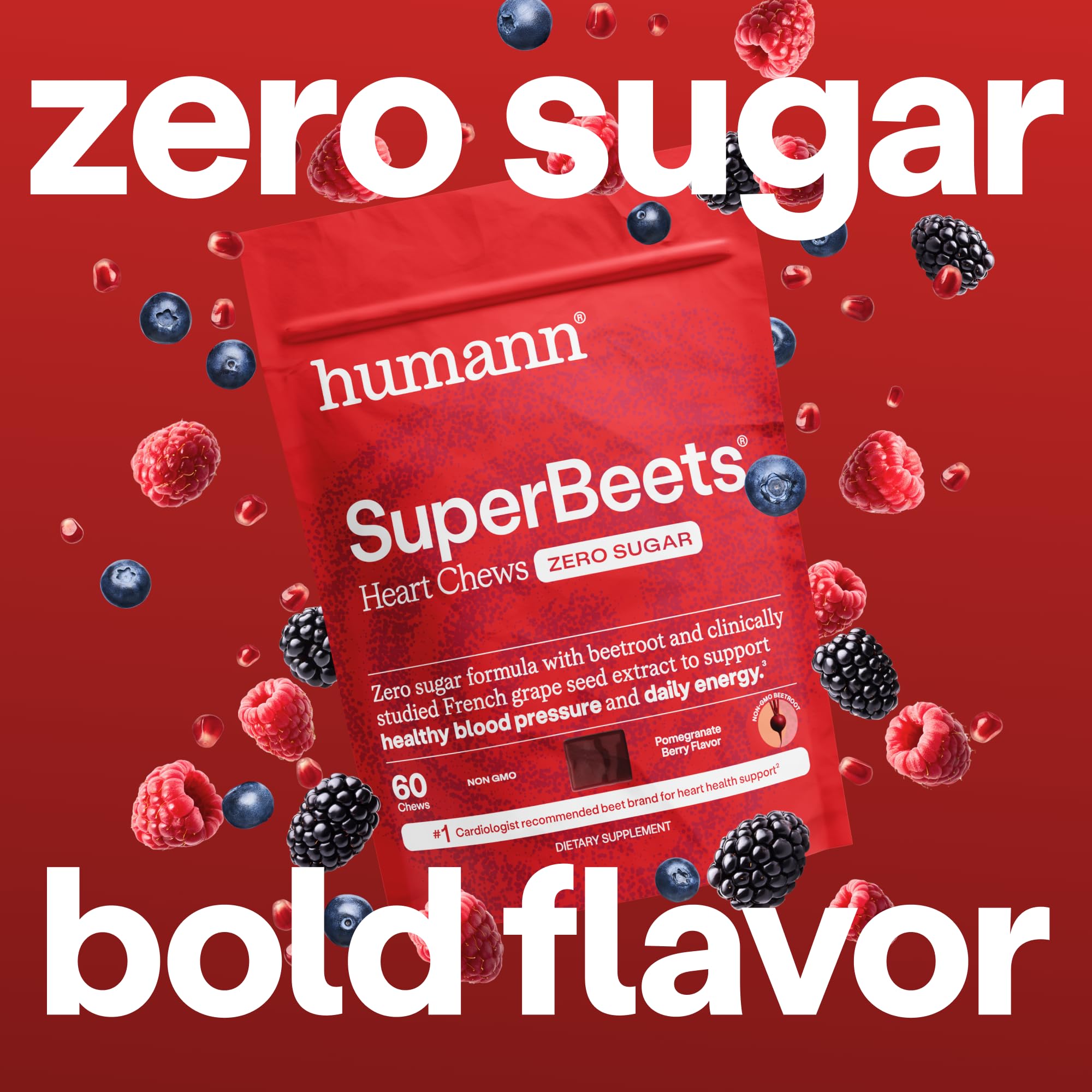 Humann SuperBeets Heart Chews Zero Sugar, Beet Root Supplement, Energy, Nitric Oxide and Blood Pressure Support, Grape Seed Extract & Non-GMO