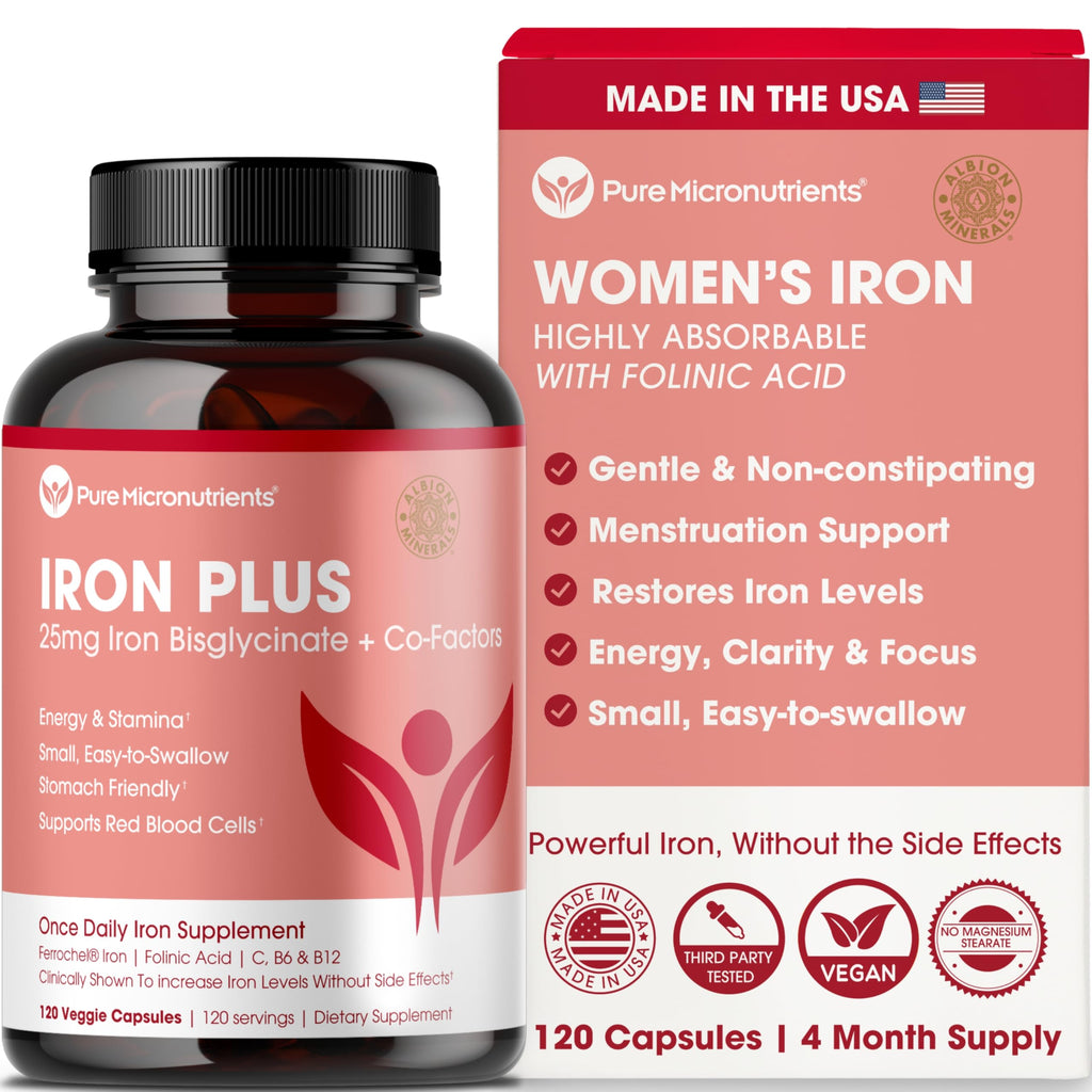 Iron Supplement for Women - Gentle Chelate Iron Bisglycinate 25mg with Vitamin C, B6, B12 Folic Acid – Supports Iron Deficiency